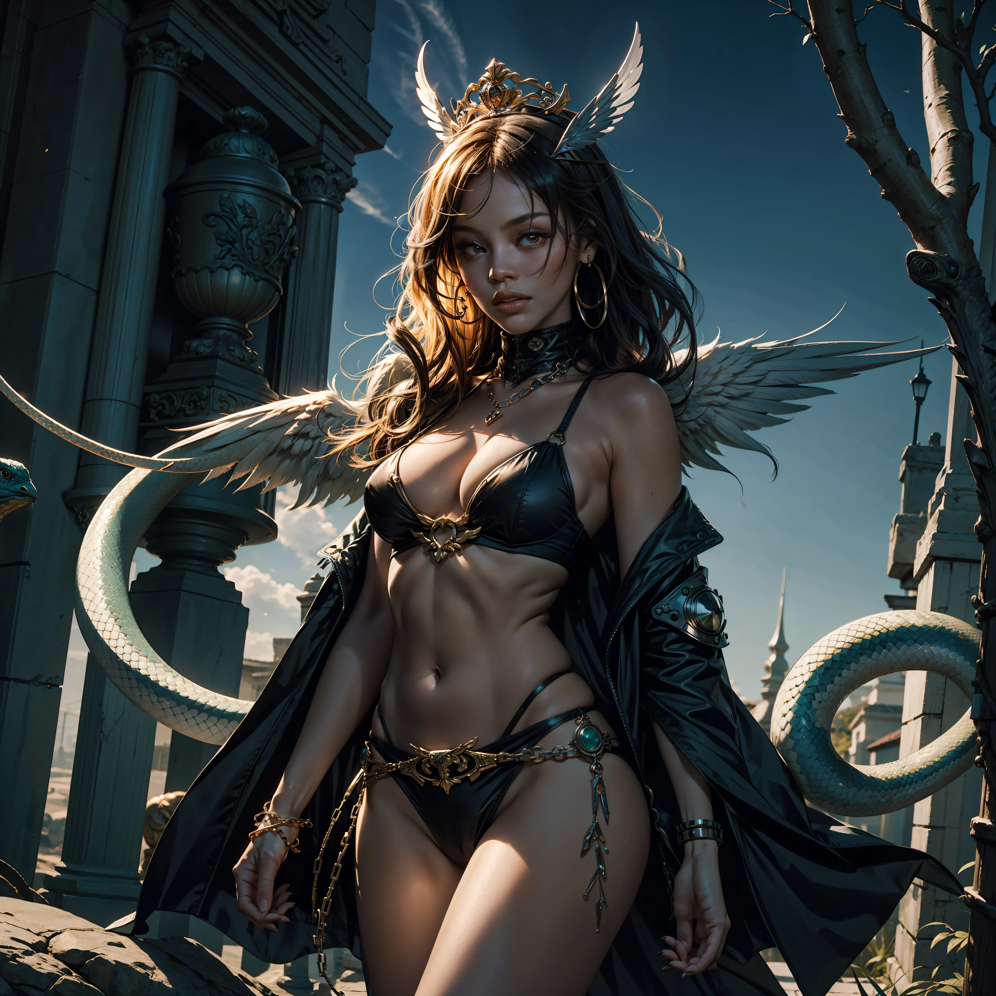 Sun Moon Caduceus Hermes mythology Goddess surmounted wings surrounded intertwined snakes Medusa_hairs_Snakes Outdoor Nature "Ouroboros" Forest Sunlight Natural Queen Native éblouissantes Valkyrie-wings clef chains "Heavy Metal" Will-o'-the-wisp fairy pixie sprite conceptual safe female glamour athletic walking slow motion "Nicki Minaj" Cosplay "Rihanna" aristocratic "beyonce" 38years symmetrical athletic bronzé hairstyle_snakes obvious varied ecstatic fringes agate epic visages cheekbones effects reddened embarrassed lazuli beautiful Brown Eyes Pupils Black Iris Turquoise Sapphires Open Mouth Teeth Smiles Floating Jacket Fixed Pearls Eccentric Cape Levitating Shoulders-Off chemise blanches dentelles clavicules papillotes varied breasts points satin sideboob felt bikini corsait spinels thick navy leather skirt soies assortie amples nombril belt défenestrée revealing pubic scarlet pubis-hairy obvious indigo underwear Size chastity belt silver adorned padlock Gold thighs legs garters Gothic stainless steel boots decorated onyx equirectangular 360 monastery opal marble ruby background Sundrop mannequins lantern dressed armor richly decorated "Chevaleresque" dramatic chrome metallic flat bands fathoms brass fullbodye lys rune ornate emerald plasma embroidered glyphs Tourmaline wood engravings lava magic intricate summons snake incandescent Crystalline familiar robot Mecha (EOS R6 135mm 1/1250s f/2.8 ISO400) Mech Mechanized snakes flowering Quetzalcoatl:2 Adaptable volumetric luminescence saturate ultra pro-photorealists optimaux qualities details precise reflex resolution 3dcg max color-coded graduate improved Octanes-rendues UHD XT3 16K DSLR HDR UnrealEngine5 profondeurs Earth Hearth ultra_sharpness ombres analogiques CGSCOSITY pet chef-d' "Bruce Weber girls" multi nsfw etc.