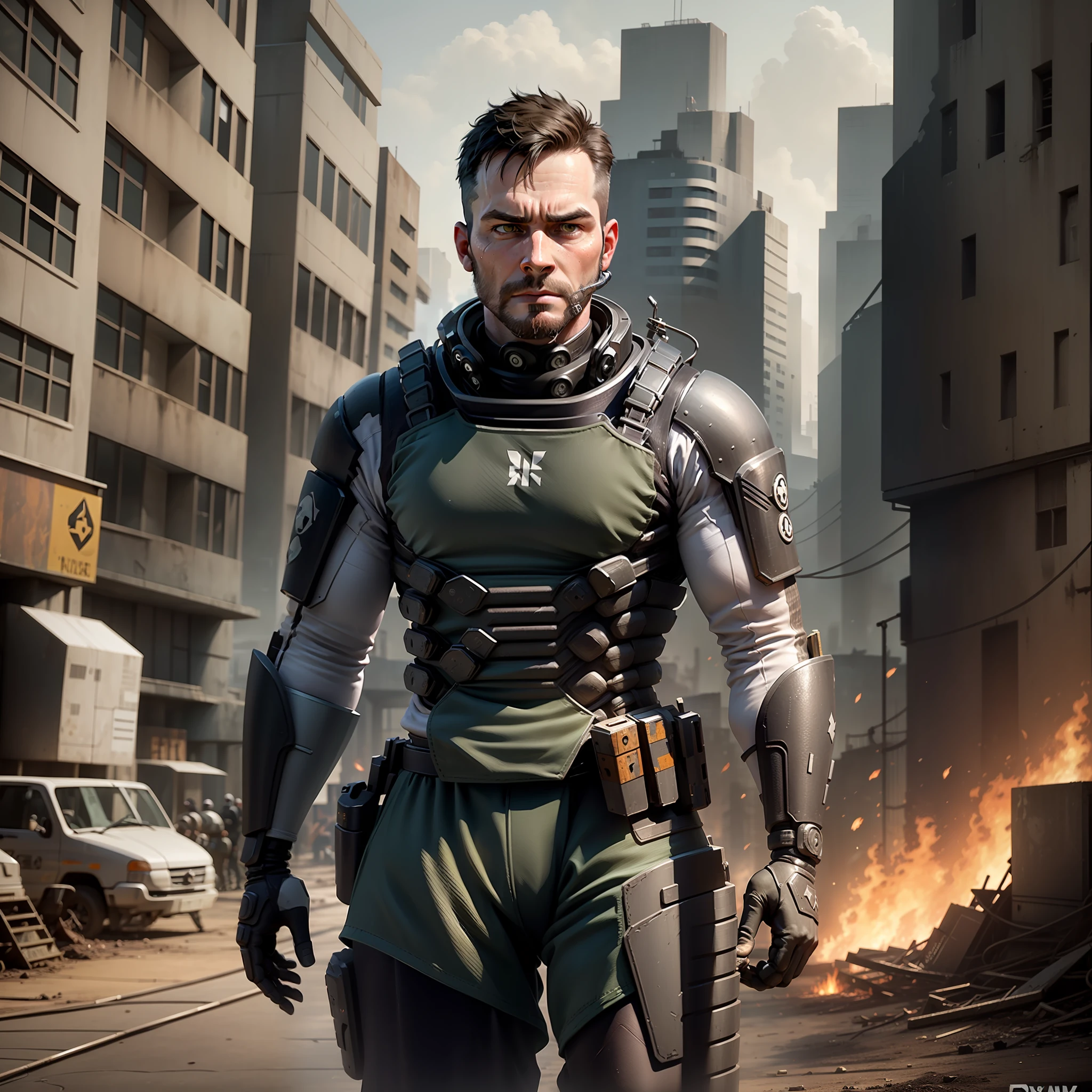 a full body shot, ((candid shot)), special ops, beardless soldier, smooth face, man, age 20, ((short hair)), call of duty, cutting-edge technology, ((detailed face)), (((man, strong features, determined look , dystopia, nape, male))), (((sharp jaw))), ((facial hair)), HDR, hyper realistic, wrinkles, fit body, amazingly detailed, complex background, fire, dirty,