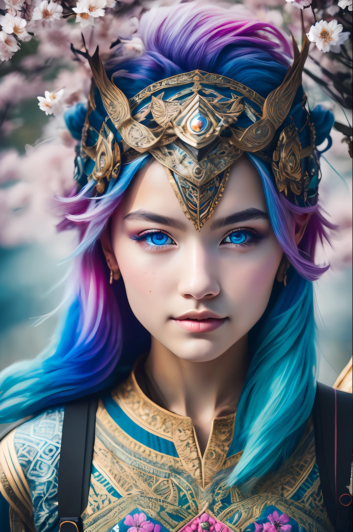 (masterpiece, best quality, ultra-detailed, highres, best illustration),1girl, two tone hair, blue hair, pink hair, blue eyes, rainbow sky, cherry blossoms,side lighting, lustrous skin,(shine), (shiny skin, cetlic elements, norse heritage), ray tracing, shirt, wind swept hair, detailed hair, detailed face, ,depth_of_field,very detailed background,extreme light and shadow,(detailed eyes) , perfect anatomy, (zentangle, mandala, tangle, entangle), dynamic angle, wide shot, upper body, city scape, extreme light and shadow, night sky