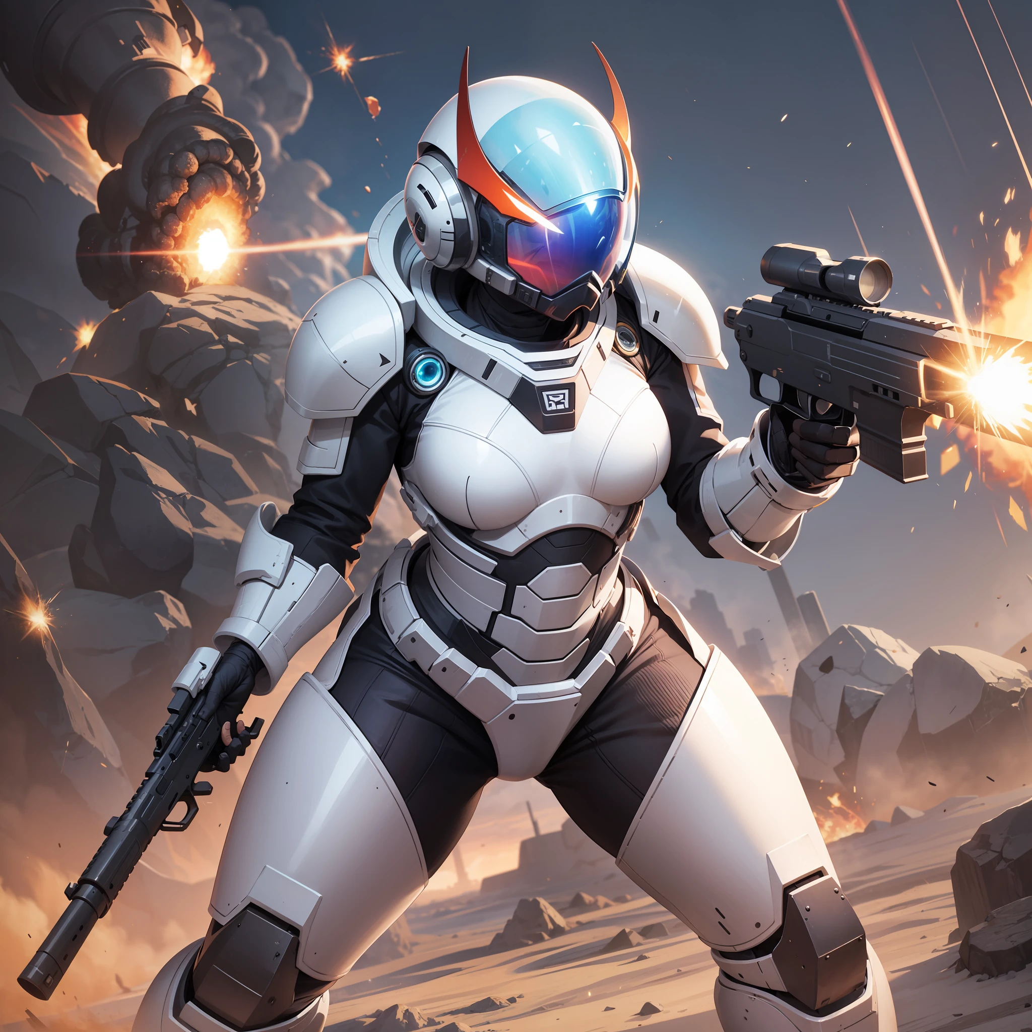 Woman in power armour, armoured white space suit, holding a rifle, action pose, alien planet background, explosions, lasers, epic