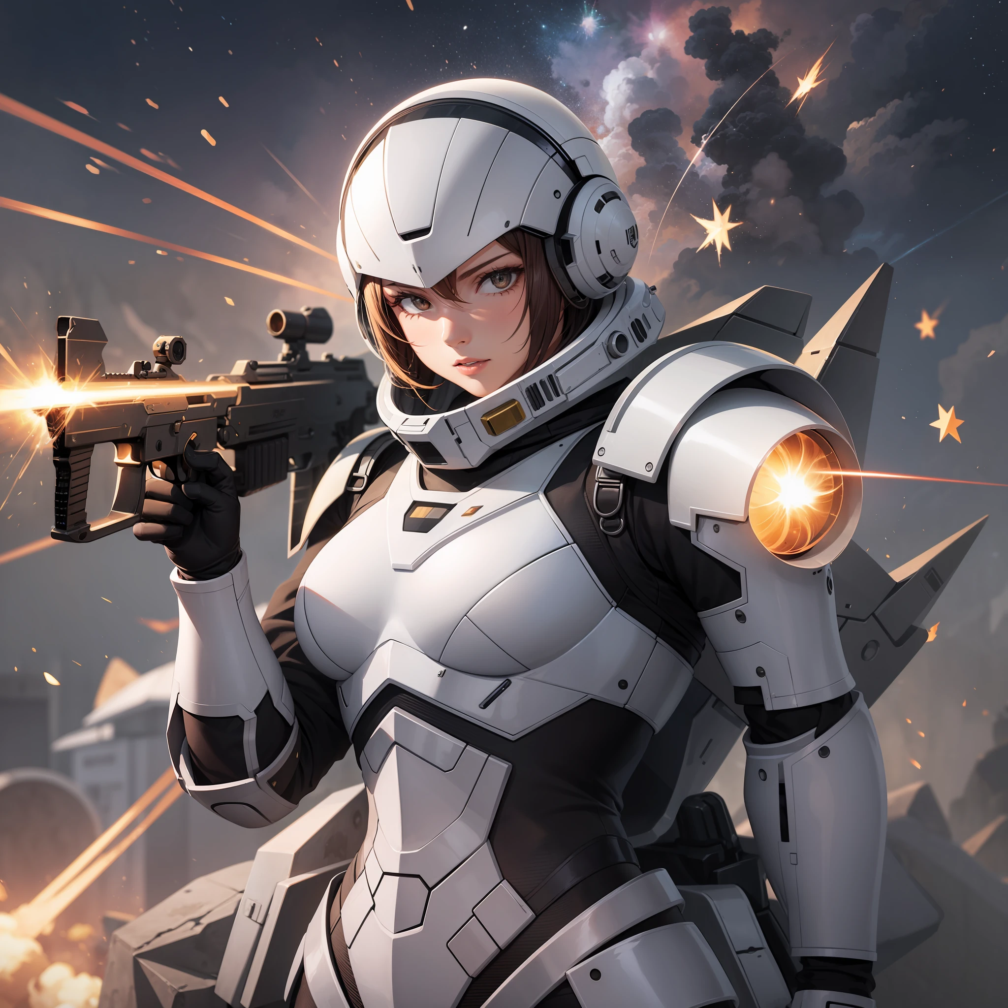 Woman in power armour, armoured white space suit, holding a rifle, action pose, alien planet background, explosions, lasers, epic