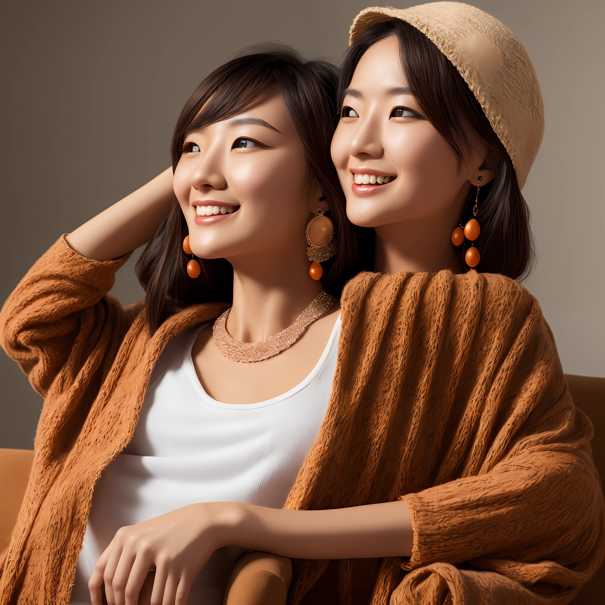 Smiling Minchen, 

absurderes, Mouth closed, Balanced eyes,
(Best quality details:1.2),Realistic,8K high definition,Ultra detailed,High quality texture,Intricate details,Detailed texture,finely detailed,High detail,Extremely detailed CG,Highqualityshadow,Detailed beautiful delicate face,Detailed beautiful delicate eyes,(Depth:1.11) The number of fields,Ray tracing,(a beautiful 25 year-old cute japanese lady:1),Small breast, Tall_Female, Beautiful_Legs, Glow eyes,Blush, Perfect petite body,Skinny, 
Blurry outdoor background, 
orange
lax
ring, 
black
clever
shawl,
 Open coat:1.1, [brown_Skirt]:1, Stockings and garter belts:1.2, bob cut  hair, cozy living room, Sunlight, kneeling on the sofa, Earrings,necklace, model, view the viewer, Dynamic pose, Earrings,necklace, model, view the viewer, From the side Side, Dynamic pose,  frontage --auto