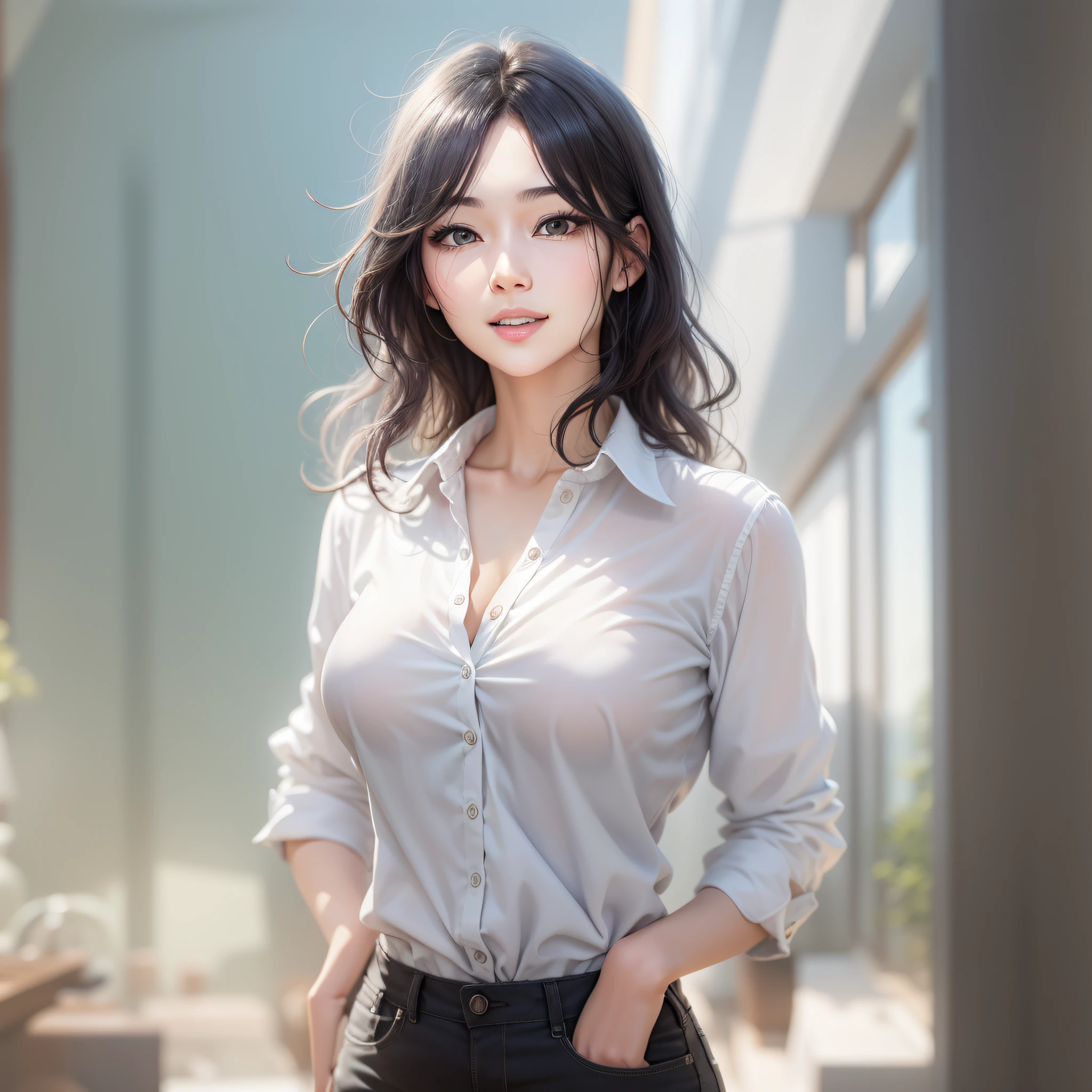 manga_photorealistic, Realistic, high quality, high definition, clear image, one woman, pretty Korean, perfect face, perfect eyes, slanted eyes, glamor, white skin, black hair, black eyes, slightly wavy hair, shoulder-length hair, white shirt, light blue shorts, 38-year-old woman, soft impression, kind impression, benevolent expression, eye smile, big breasts, full body, white background, busty