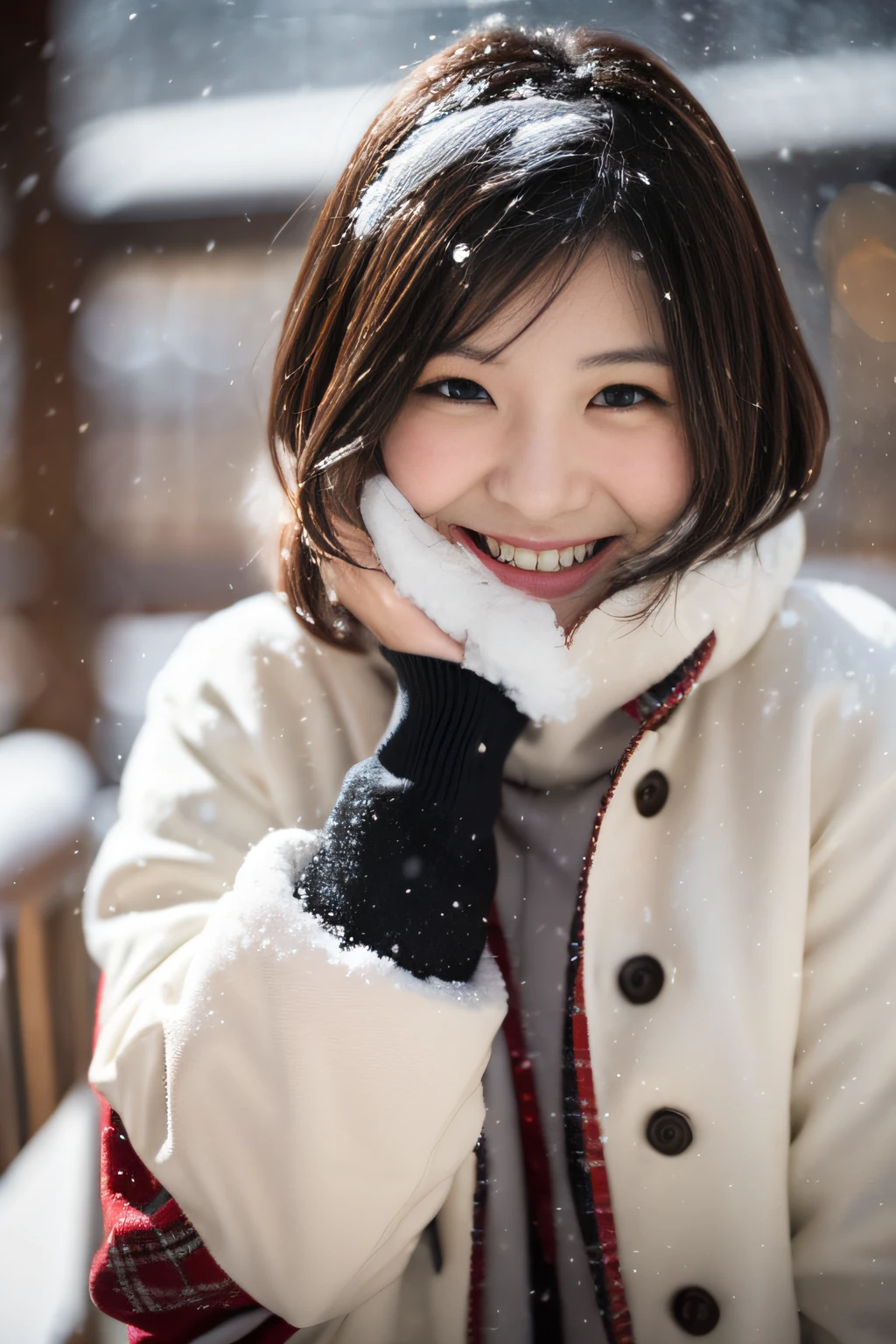 Japan girl pretty cheerful smile big girl lace skin visible through snow white shirt、Two-tone shorthair: Glossy burgundy and brown,,,、Black eyes、Photograph from the knee up、in snow、covered in snow、Snow on the body、(yuki)、in 8K,
