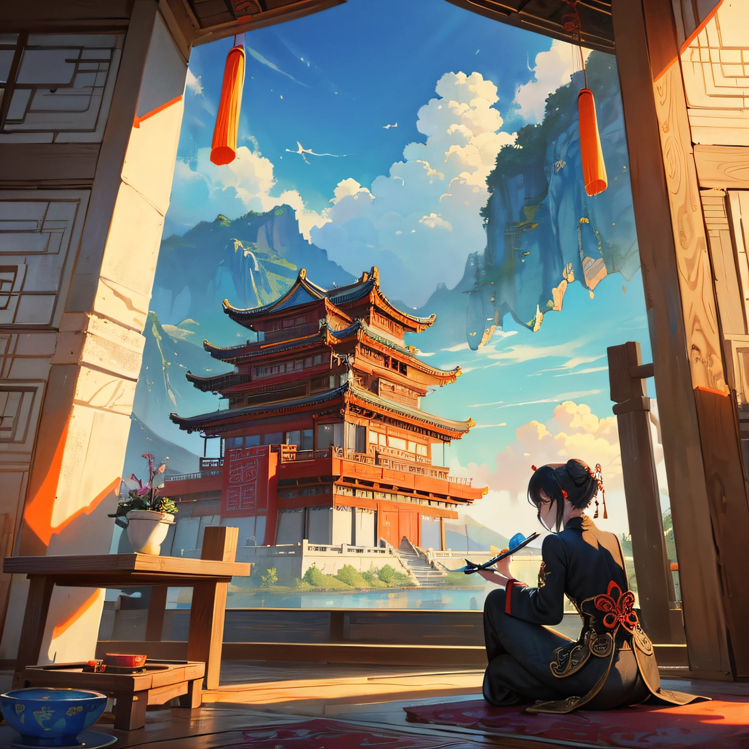 The game scene, the ancient Chinese palace is located above the clouds, misty, majestic, glazed tiles, ((color ink)), ((splash ink)), ((splash ink})), masterpiece, high quality, beautiful graphics, high detail --auto