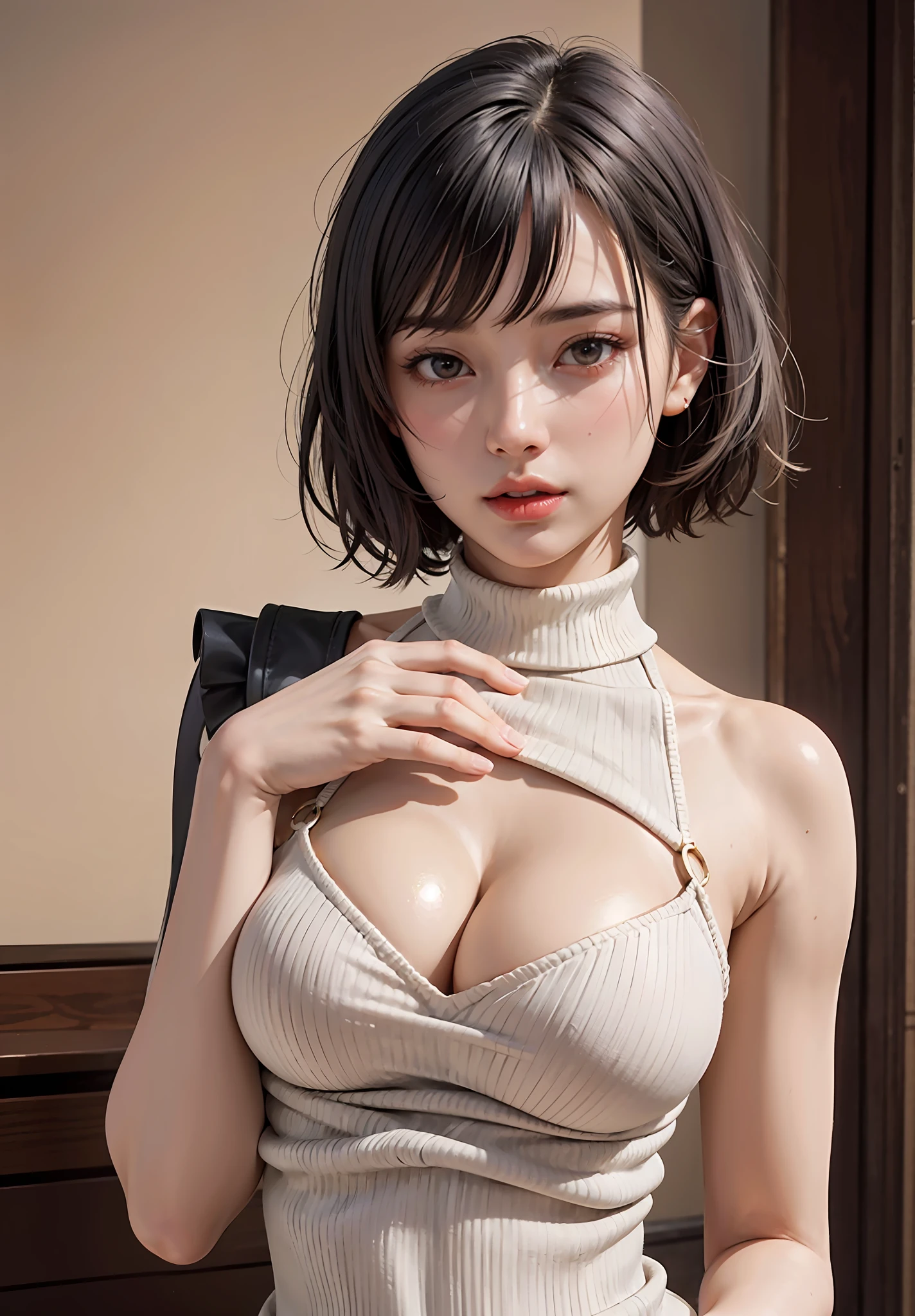 Pretty young Lolita, breasts indentation, cleavage, super thick with small waist, areolas protruding areolas indentation realistic areolasnoticable areolas, large breasts, turtleneck sweater dress short Hair with bangs, Azur lane hentai, realism hyperrealism perfect hands perfect fingers perfect breasts perfect hair perfect face perfect body detailed background
