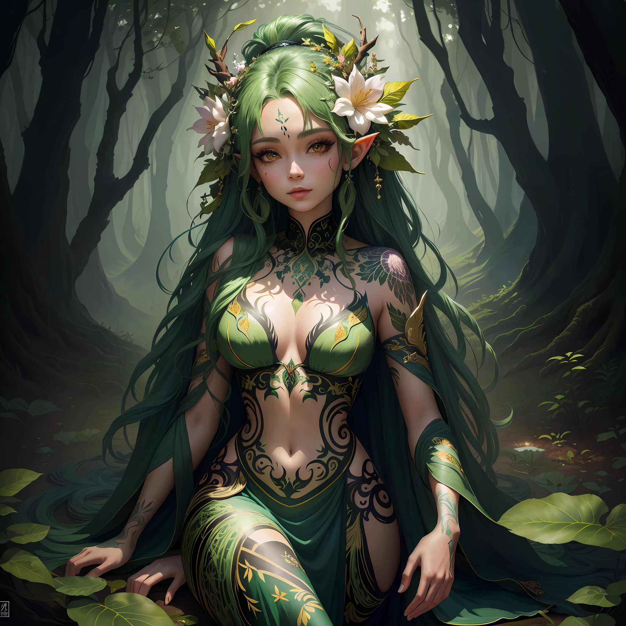 There is a woman with tattoos and a body painting in the forest, Deusa da Floresta, Dryad in the forest, deviantart artstation cgscosiety, Arte de fantasia 4k, Vencedor do concurso Artstation, floresta seca, arte fantasia behance, forest spirit, arte de fantasia digital ), Chengwei Pan em ArtStation, Artista Marcial Dryad, inspirado no WLOP