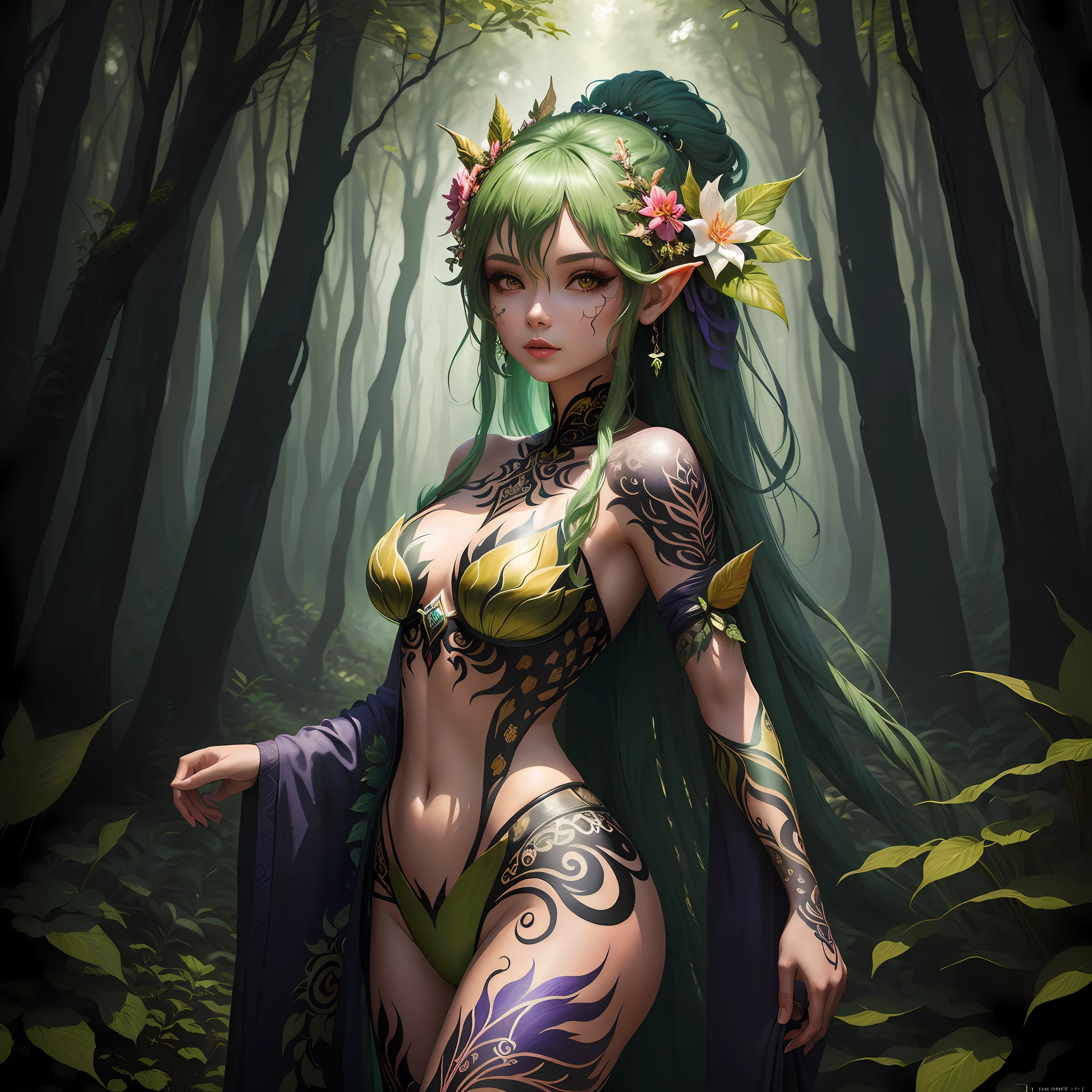 There is a woman with tattoos and a body painting in the forest, Deusa da Floresta, Dryad in the forest, deviantart artstation cgscosiety, Arte de fantasia 4k, Vencedor do concurso Artstation, floresta seca, arte fantasia behance, forest spirit, arte de fantasia digital ), Chengwei Pan em ArtStation, Artista Marcial Dryad, inspirado no WLOP