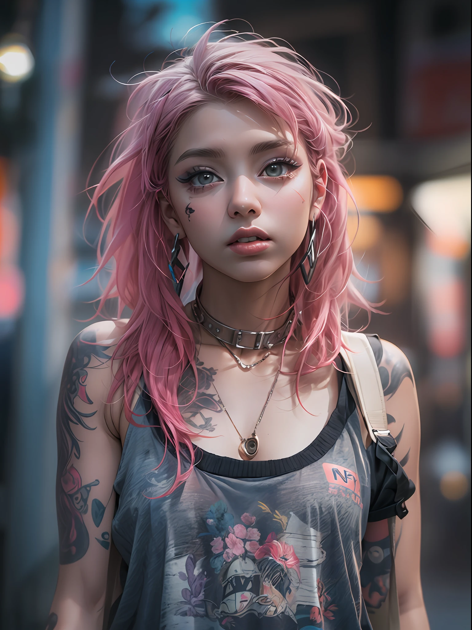 (top-quality、8K、32K、​masterpiece、nffsw:1.3)、(Photorealsitic:1.4),18-year-old punk girl,A detailed eye、The upper part of the body,Wacky punk hair,Radical punk fashion,Tank Tops、Wacky makeup、A pink-haired,、A lot of tattoos on the body,、Street background、Backlight effect、depth of fields,blurry backround,,,,,,,,,,,,