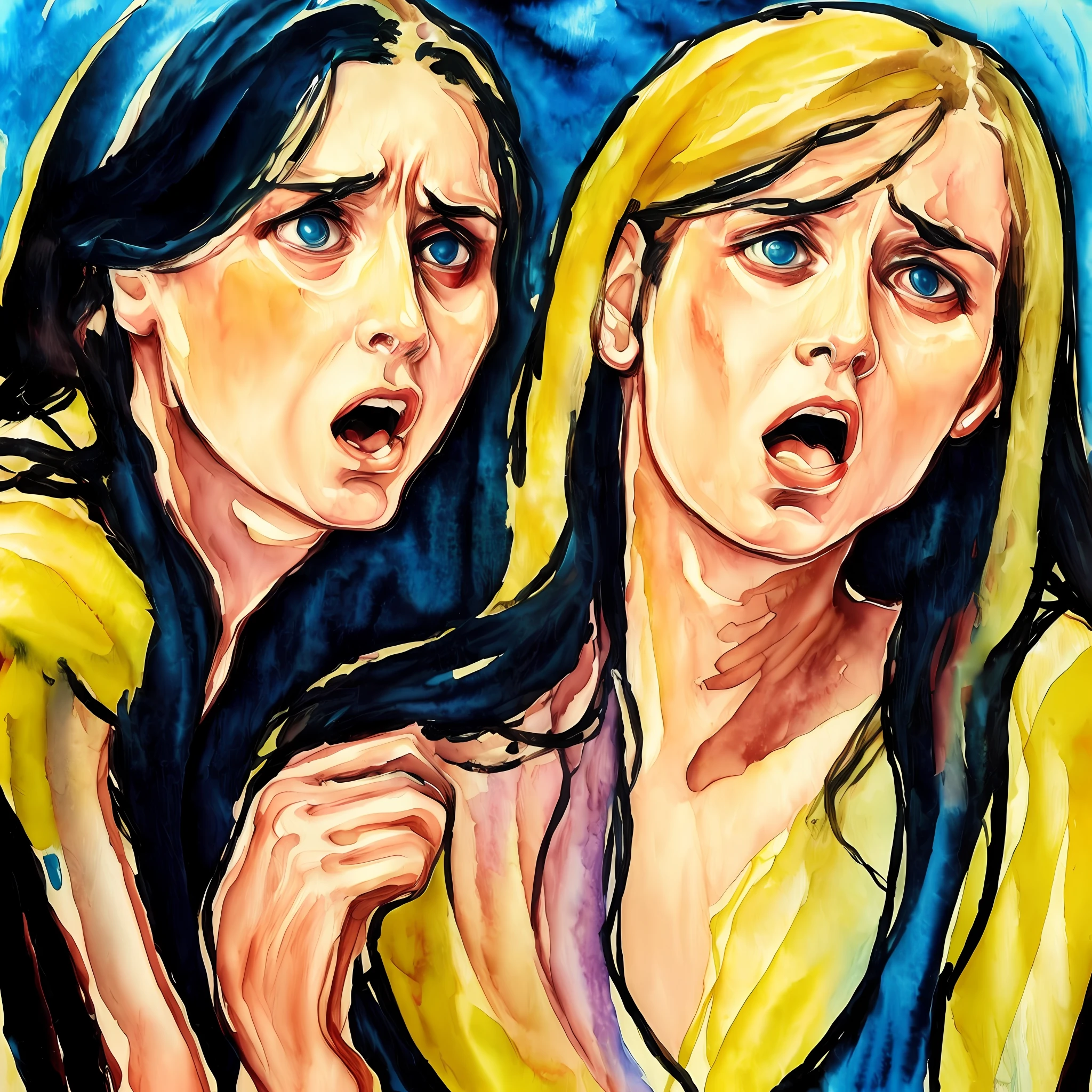 Estilo Edvard Munch, oil paint. Directed by Edvard Munch. translate the feeling of anguish , Fear and loneliness in an aged female face. Aquarela , cores vibrantes e tona sombrios --auto