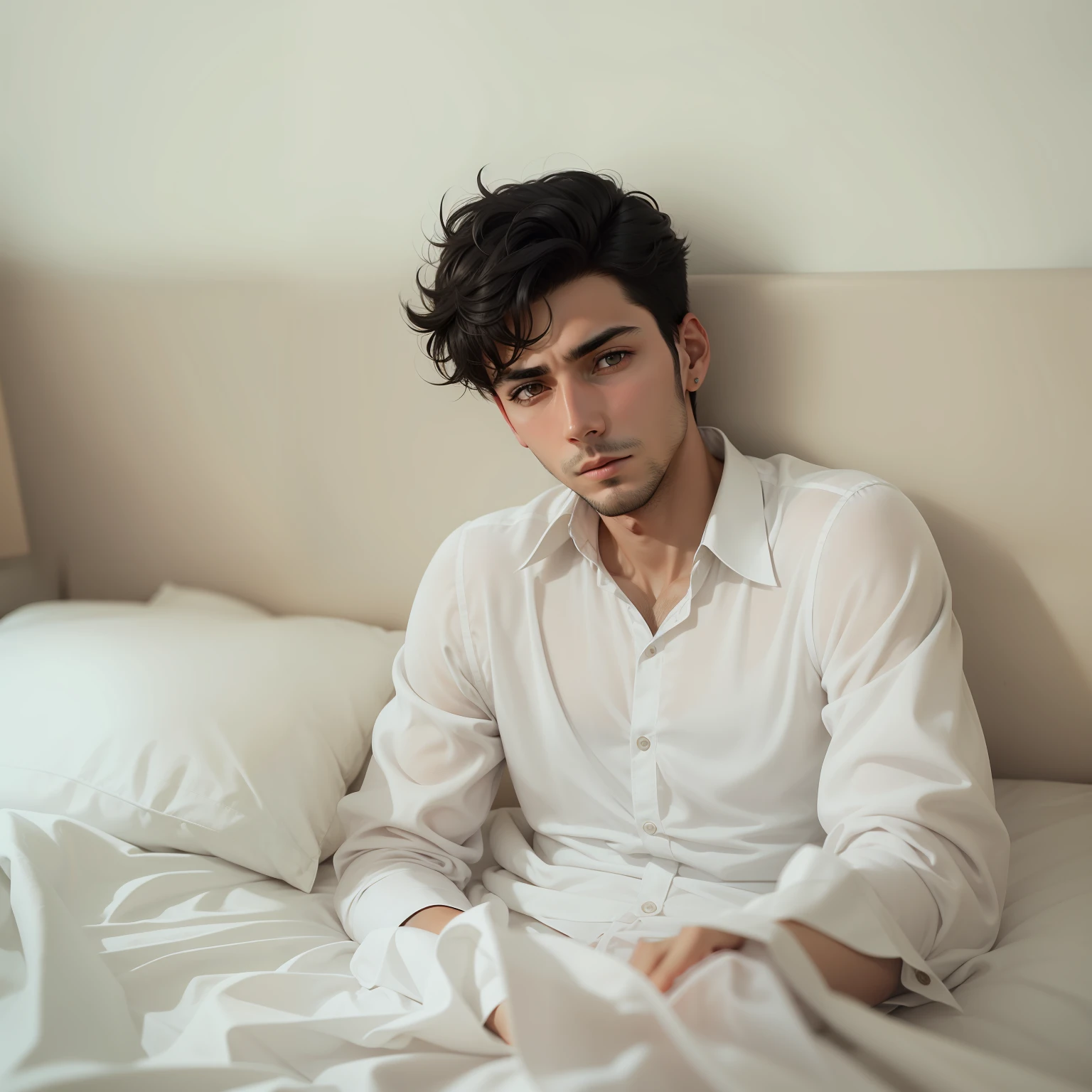 Male, 25 years old, with short black hair, dressed in a plain white blouse, lying on a bed, sad expression