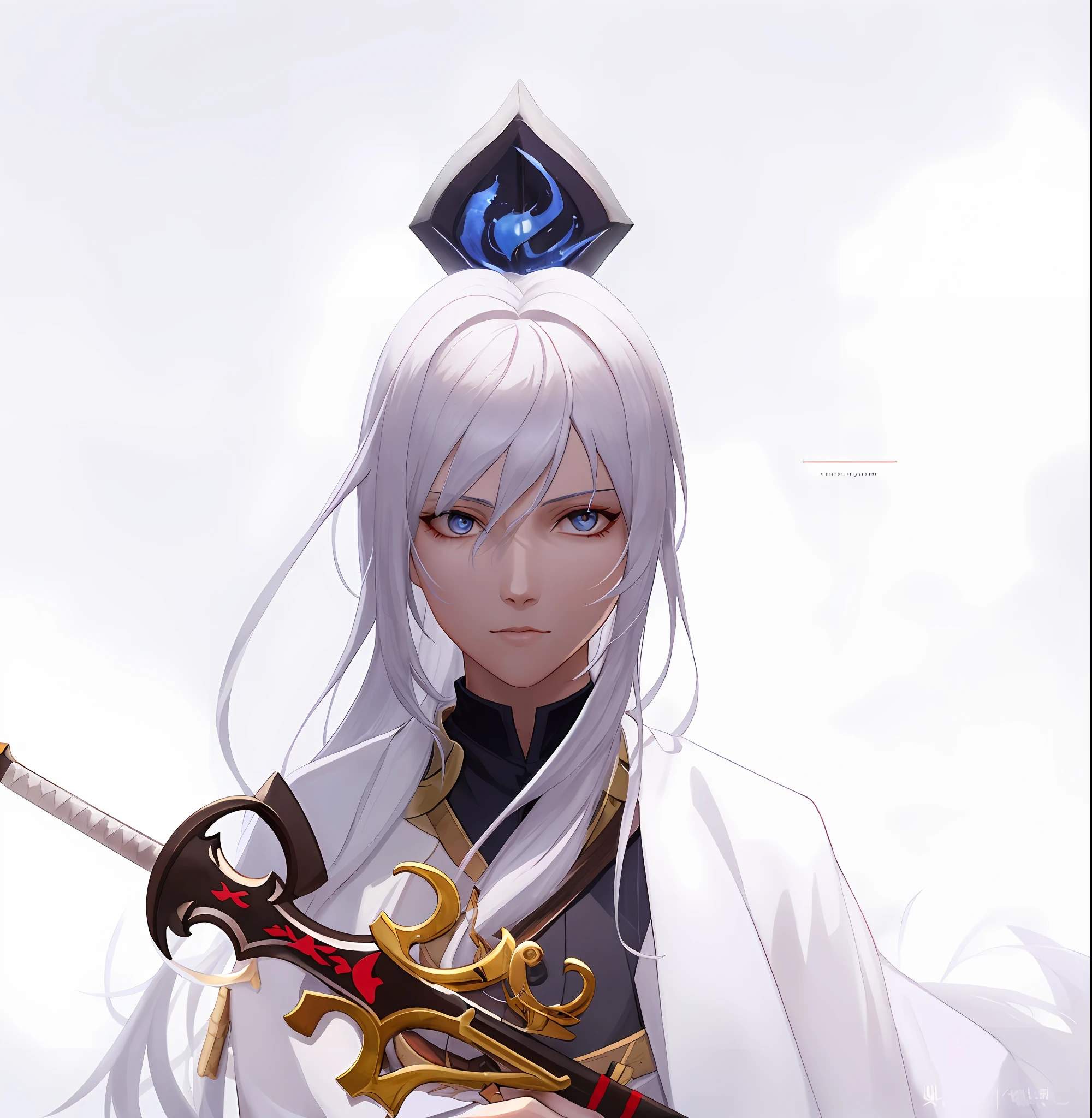 a close up of a person with white hair and a sword, white haired deity, with white long hair, with long white hair, artwork in the style of guweiz, white haired, guweiz, handsome guy in demon slayer art, beautiful character painting, by Yang J, white-haired, guweiz on pixiv artstation, anime character