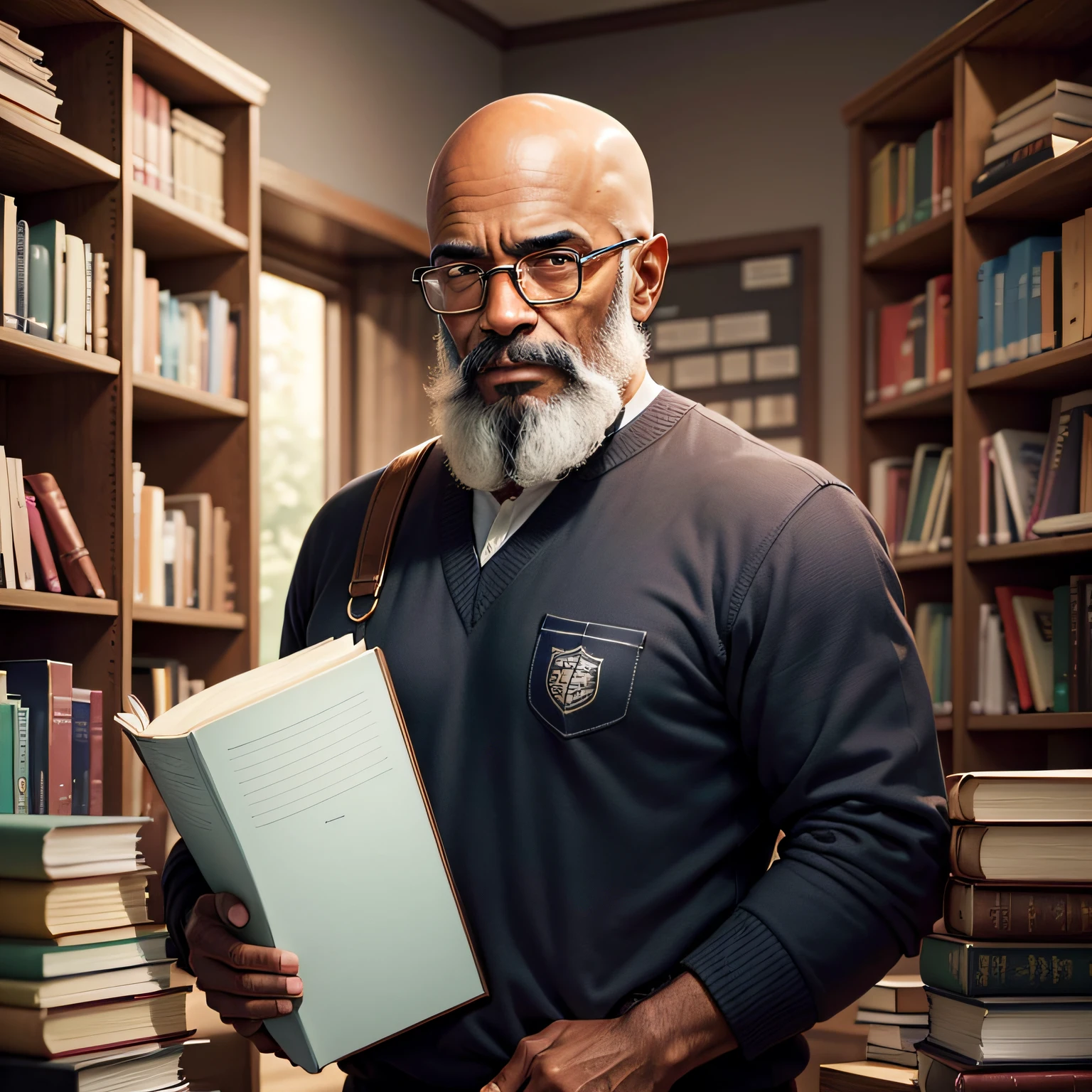 Um professor negro 46 anos, com barba e cabelos brancos, with serene expression, dressed in academic attire and holding books in his hands, careca. --auto