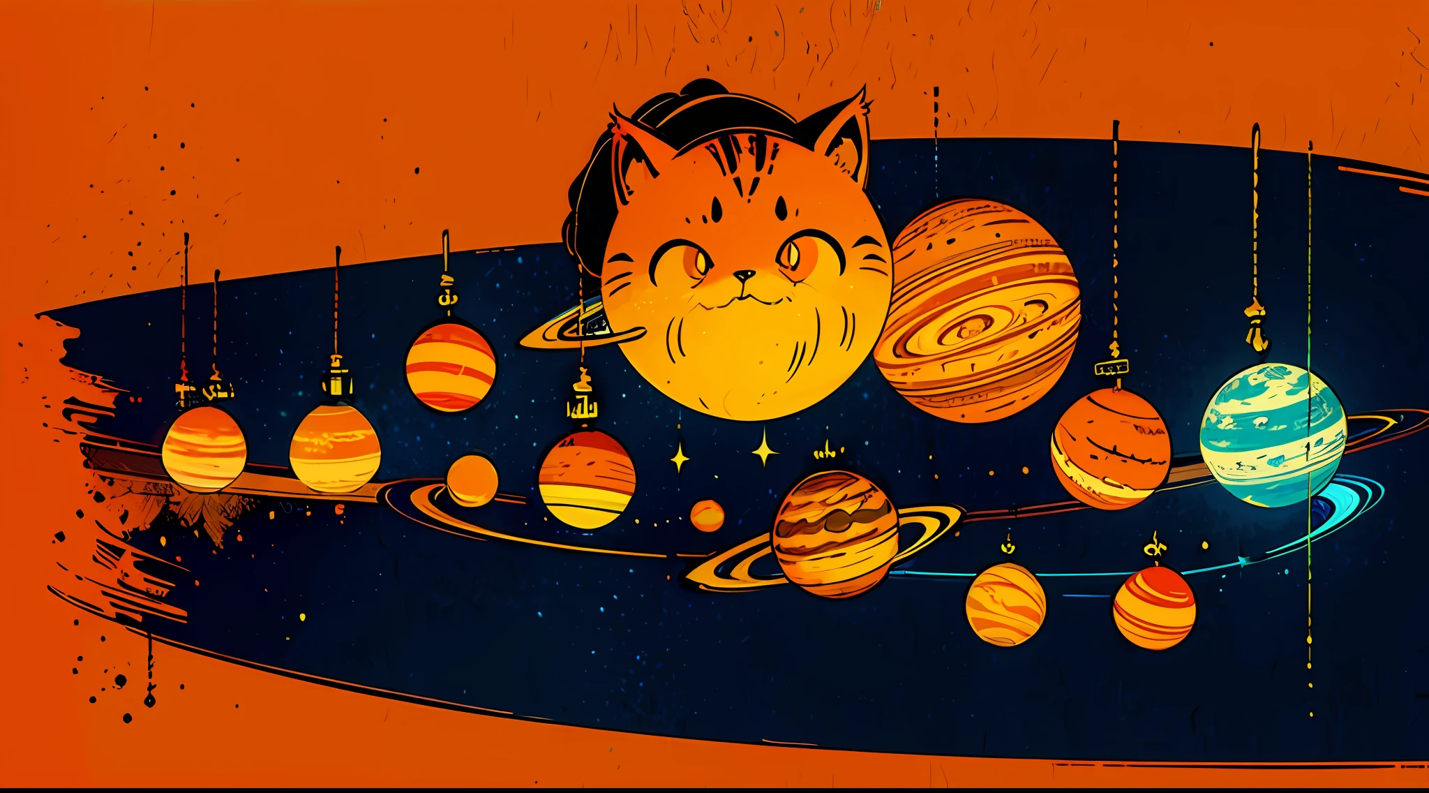 A graphic illustration of a simple depiction of the solar system with a (glowing orange cat representing the sun), the planets are stylized yarn-balls, 8k, 16k