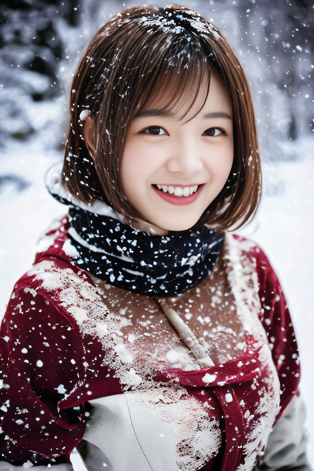Japan girl pretty cheerful smile big girl lace skin visible through snow white shirt、Two-tone shorthair: Glossy burgundy and brown,,,、Black eyes、Photograph from the knee up、in snow、covered in snow、Snow on the body、(Yuki)、in 8K,