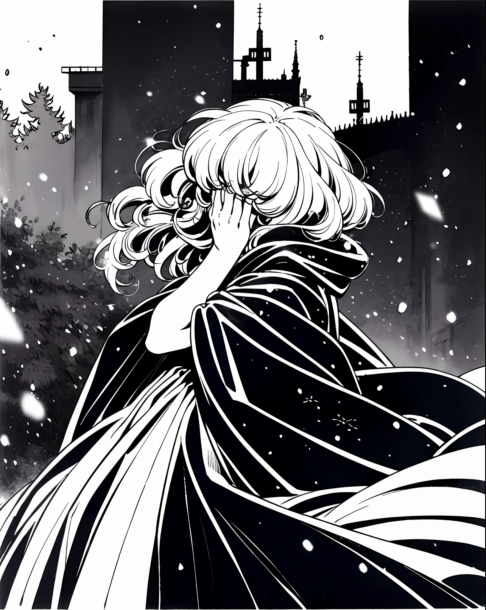 Girl with white short hair wearing a black dress in a field while snowing, winter, snow, (gothic dress), (coat), VHS, vintage, manga style, ((monochrome)), white background, (bangs), (hair covering eyes), wavy hair