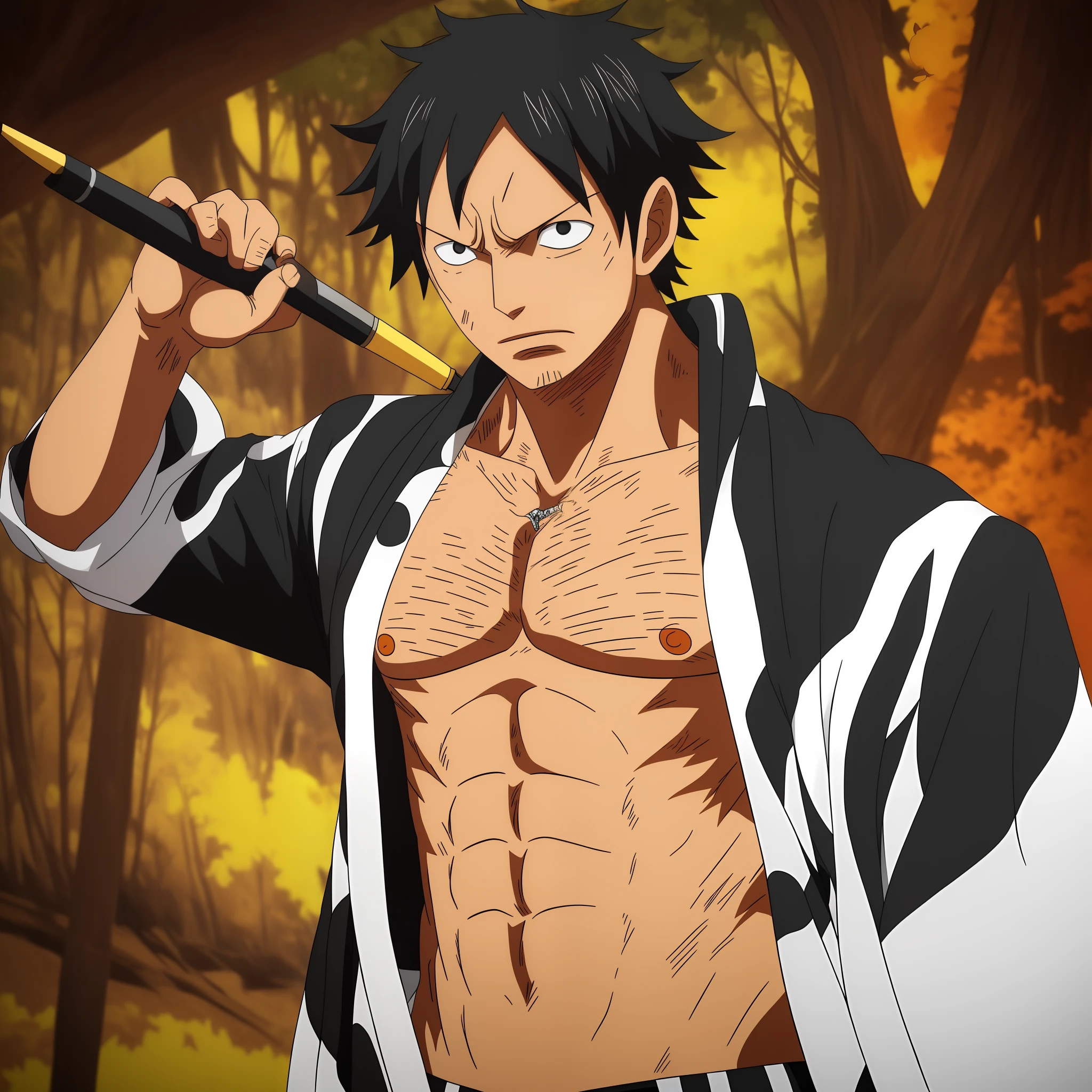 1boy, Um One Piece masculino, eichiro Ode arte, alto, cabelo preto, olho castanho, white band covering hands, kimono preto, ((super detalhado)), ((Colouring)) ((HDR)), Captura de tecido de anime, olhando para o espectador, expression would be, in battle position