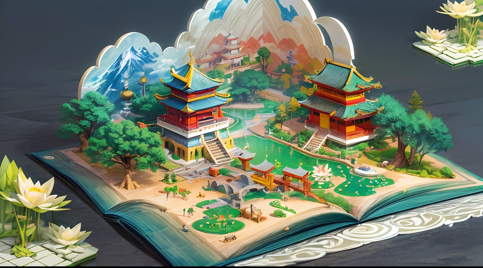 (isometric，popup book:1.5)，(Chinese Scenery in Summer，lotus，Sun, white clouds, mountains, forests, rivers，Oriental elements)，(3d, extremely colorful, Best quality, Detailed details, Masterpiece, offcial art, movie light effect, 4K, Chiaroscuro)