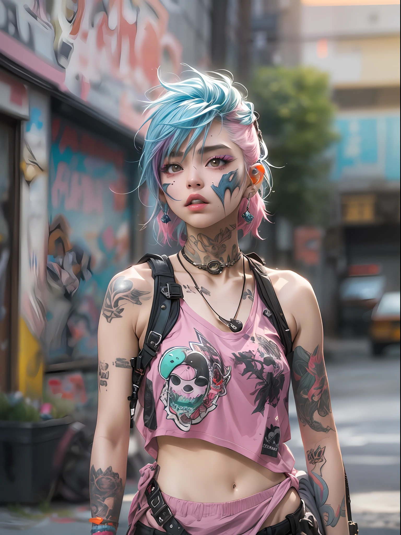 (top-quality、8K、32K、masterpiece、nffsw:1.3)、(Photorealsitic:1.4),Portrait of an 18-year-old punk girl,A detailed eye、,Wacky punk hair,Radical punk fashion,Tank Tops、Wacky makeup、A pink-haired,、A lot of tattoos on the body,、Street background、Backlight effect、depth of fields,blurry backround,,,,,,,,,,,,
