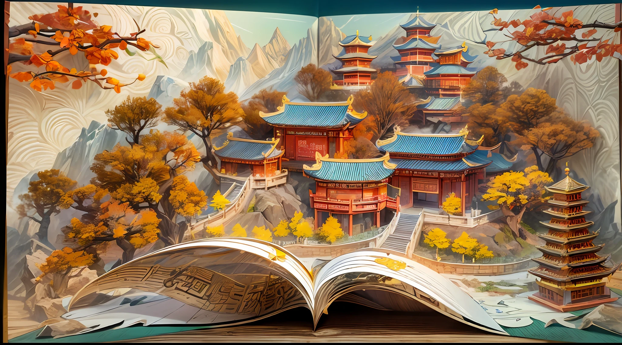 (popup book:1.5)，(Chinese Scenery)，(3d, extremely colorful, Best quality, Detailed details, Masterpiece, offcial art, movie light effect, 4K, Chiaroscuro)