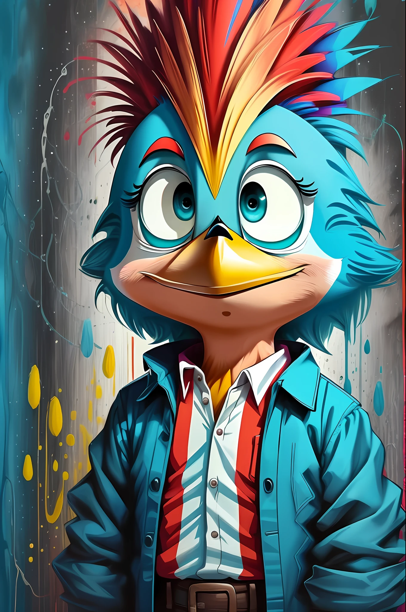 (Woody Woodpecker Character Bird), de (Walter Lantz) stylized identical to 1999 |)), acolchoamento ,multidimensional geometric wall PORTRAIT, arte, Chibi, Yang016K, lindo,(( Predominant red coloration ,azul e branco)) Primary works, qualidade superior, melhor qualidade, Arte Oficial, Beautiful and Aesthetic,), Eduardo Kobra acolchoamento ,multidimensional geometric wall PORTRAIT, arte, Chibo,detalhes