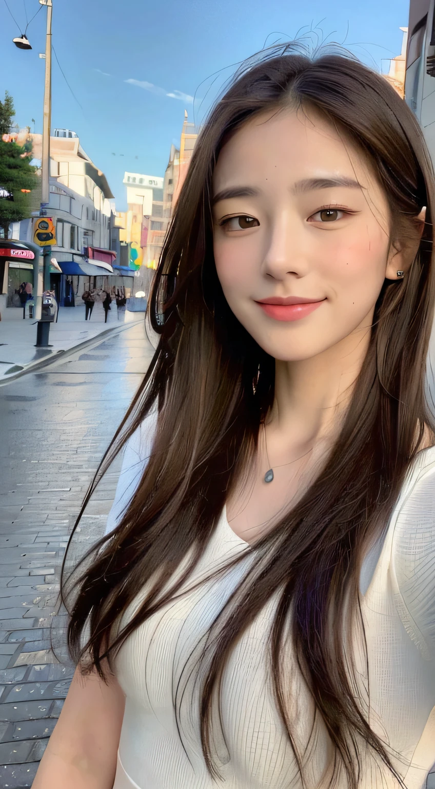 ((top-quality、8K、masterpiece:1.3))、selfy、Beautiful woman with perfect body shape:1.4、(Brown long hair、small tits:1.3)、Casual wear、In the street、Highly detailed facial and skin texture、A detailed eye、二重まぶた、A smile:1.5、full body Esbian