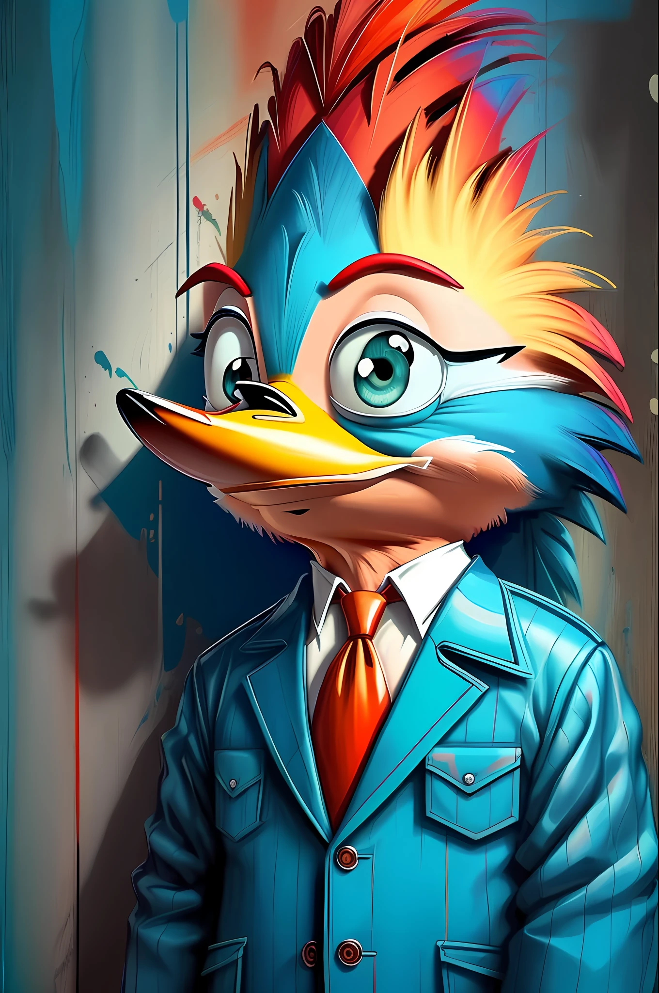 (Woody Woodpecker Character Bird), de (Walter Lantz) stylized identical to 1999 |)), acolchoamento ,multidimensional geometric wall PORTRAIT, arte, Chibi, Yang016K, lindo,(( Predominant red coloration ,azul e branco)) Primary works, qualidade superior, melhor qualidade, Arte Oficial, Beautiful and Aesthetic,), Eduardo Kobra acolchoamento ,multidimensional geometric wall PORTRAIT, arte, Chibo,detalhes