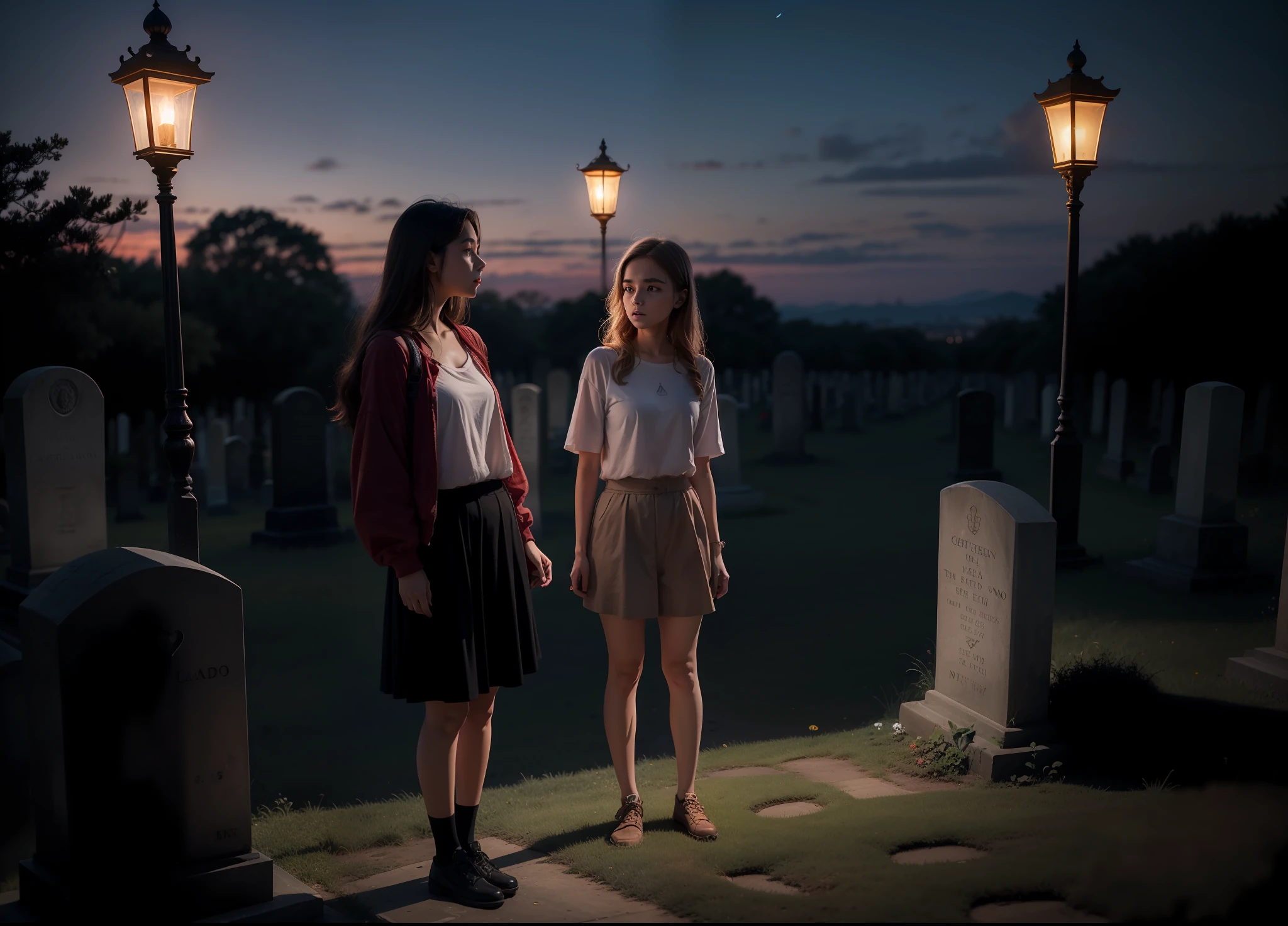 Two girls and two boys in the cemetery, com lanternas, noite escura, necoeiro, sombrio, sufocante, 8k, maximum detailed, high quality