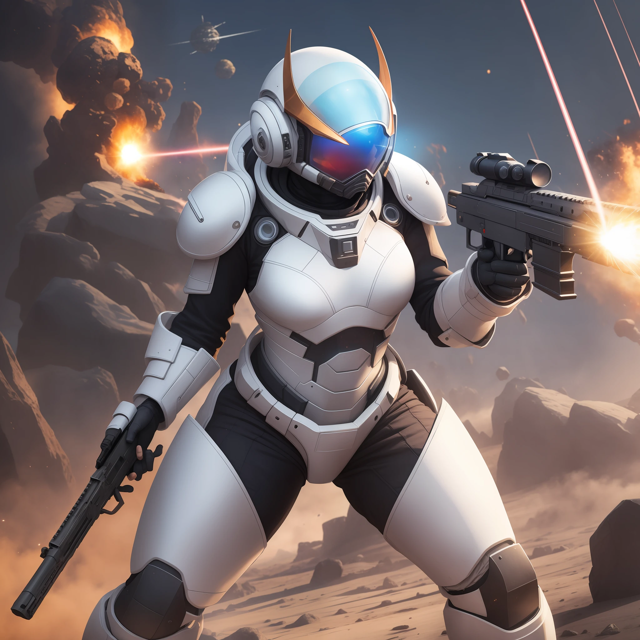 Woman in power armour, armoured white space suit, holding a rifle, action pose, alien planet background, explosions, lasers, epic