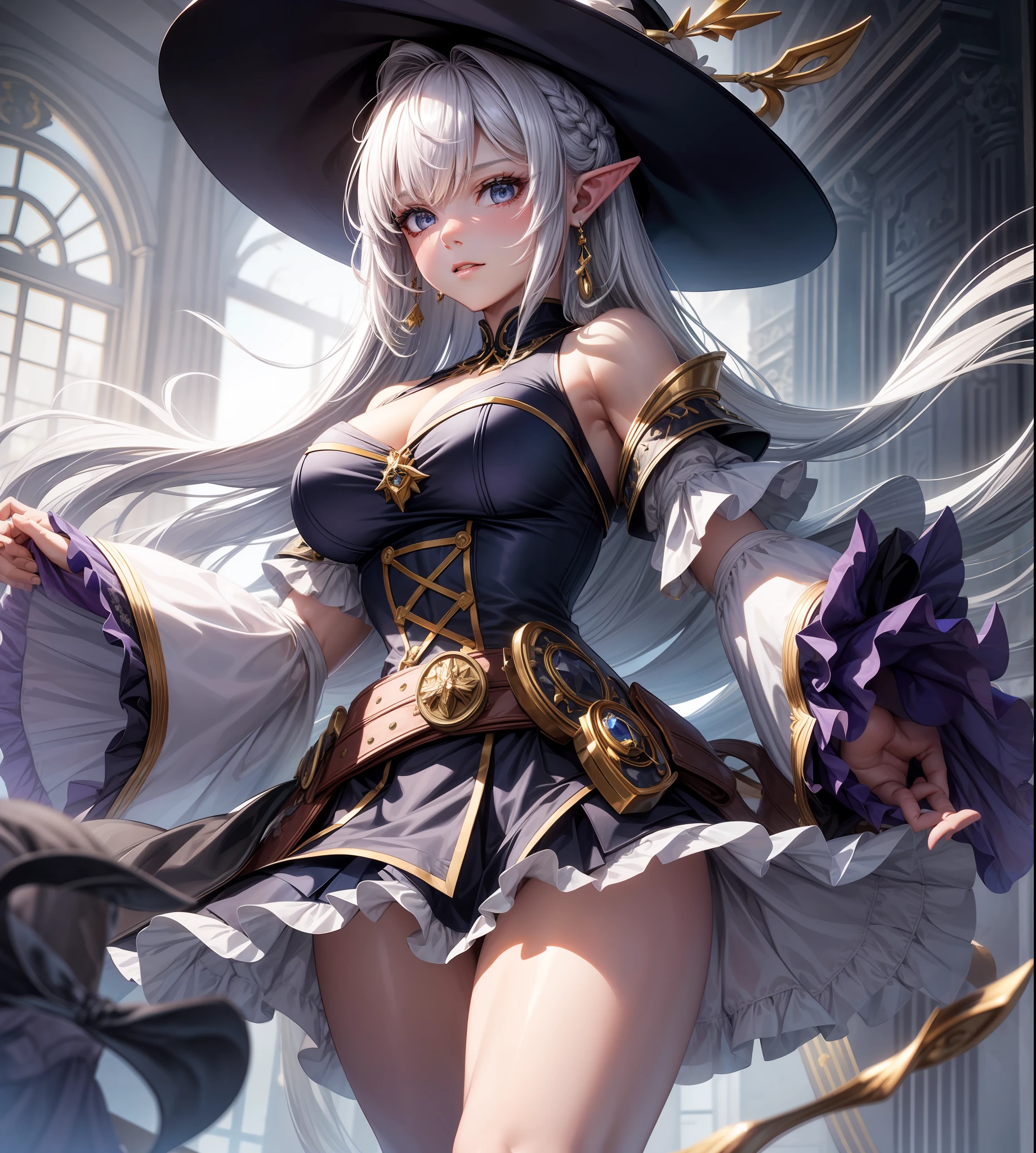 Amazoness monster girl, muscular and tall with pointed ears, violet short hairstyle with choppy loose locks, A black hat with silver decoration, wearing  light navy dress with short sleeves and pleat skirt with a ruffled white layer with white ribbons and gold bell at the center, best quality, masterpiece
