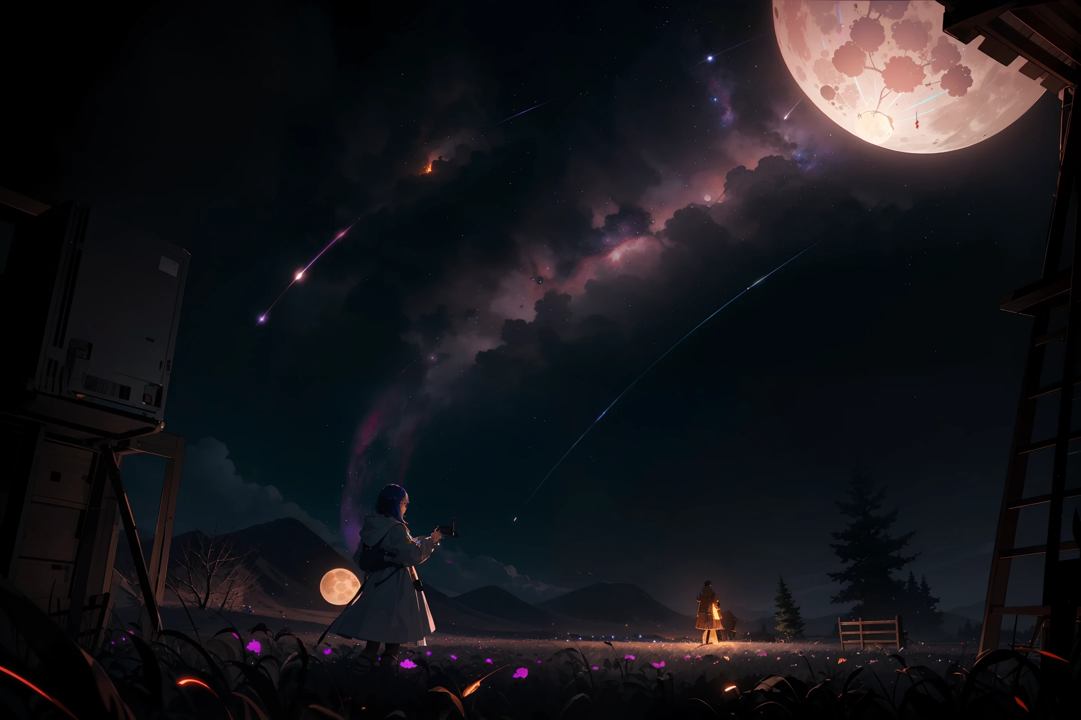 expansive landscape photograph , (a view from below that shows sky above and open field below), a girl standing on flower field looking up, (full moon:1.2), ( shooting stars:0.9), (nebula:1.3), distant mountain, tree BREAK
production art, (warm light source:1.2), (Firefly:1.2), lamp, lot of purple and orange, intricate details, volumetric lighting BREAK
(masterpiece:1.2), (best quality), 4k, ultra-detailed, (dynamic composition:1.4), highly detailed, colorful details,( iridescent colors:1.2), (glowing lighting, atmospheric lighting), dreamy, magical, (solo:1.2)