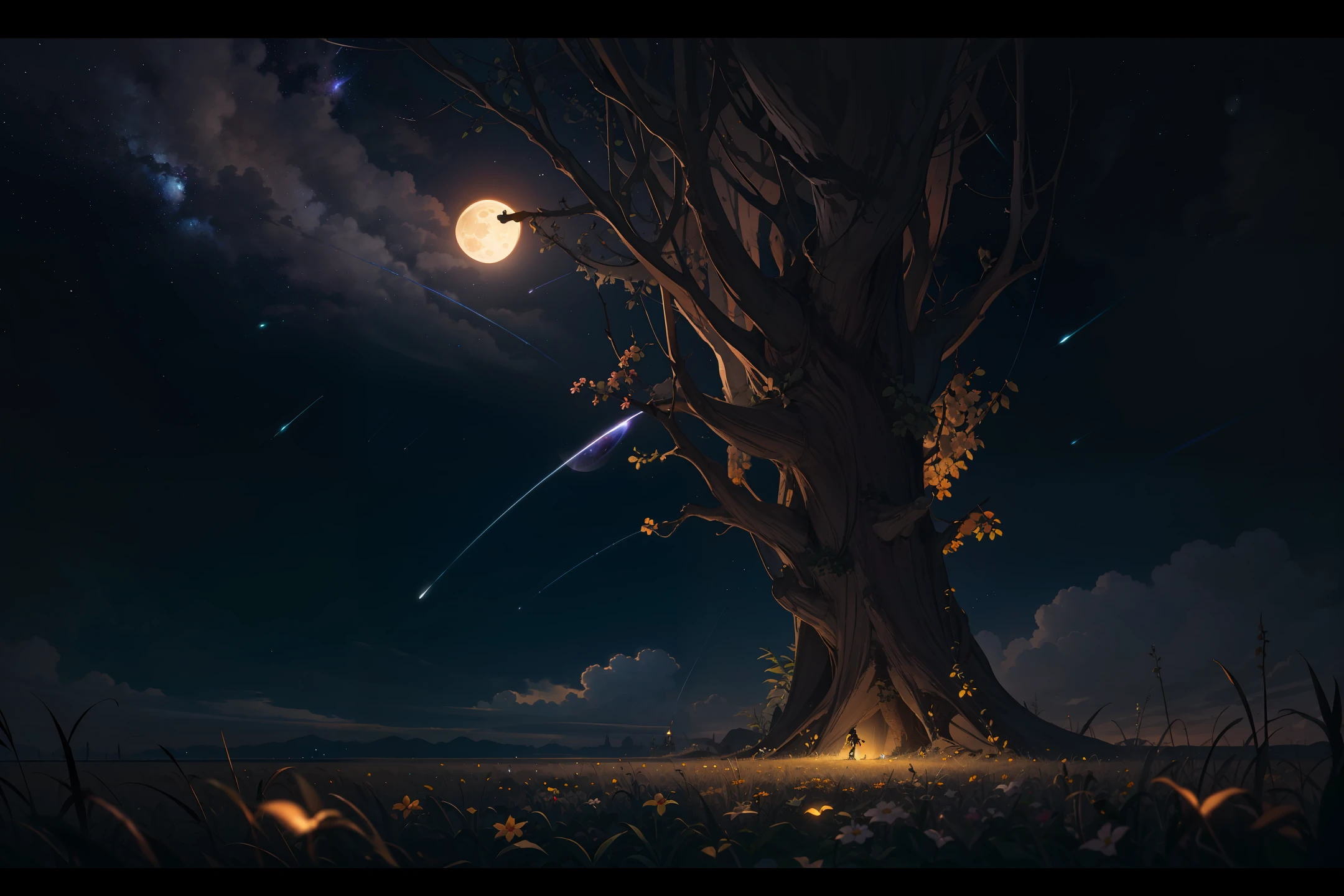 expansive landscape photograph , (a view from below that shows sky above and open field below), a girl standing on flower field looking up, (full moon:1.2), ( shooting stars:0.9), (nebula:1.3), distant mountain, tree BREAK
production art, (warm light source:1.2), (Firefly:1.2), lamp, lot of purple and orange, intricate details, volumetric lighting BREAK
(masterpiece:1.2), (best quality), 4k, ultra-detailed, (dynamic composition:1.4), highly detailed, colorful details,( iridescent colors:1.2), (glowing lighting, atmospheric lighting), dreamy, magical, (solo:1.2)