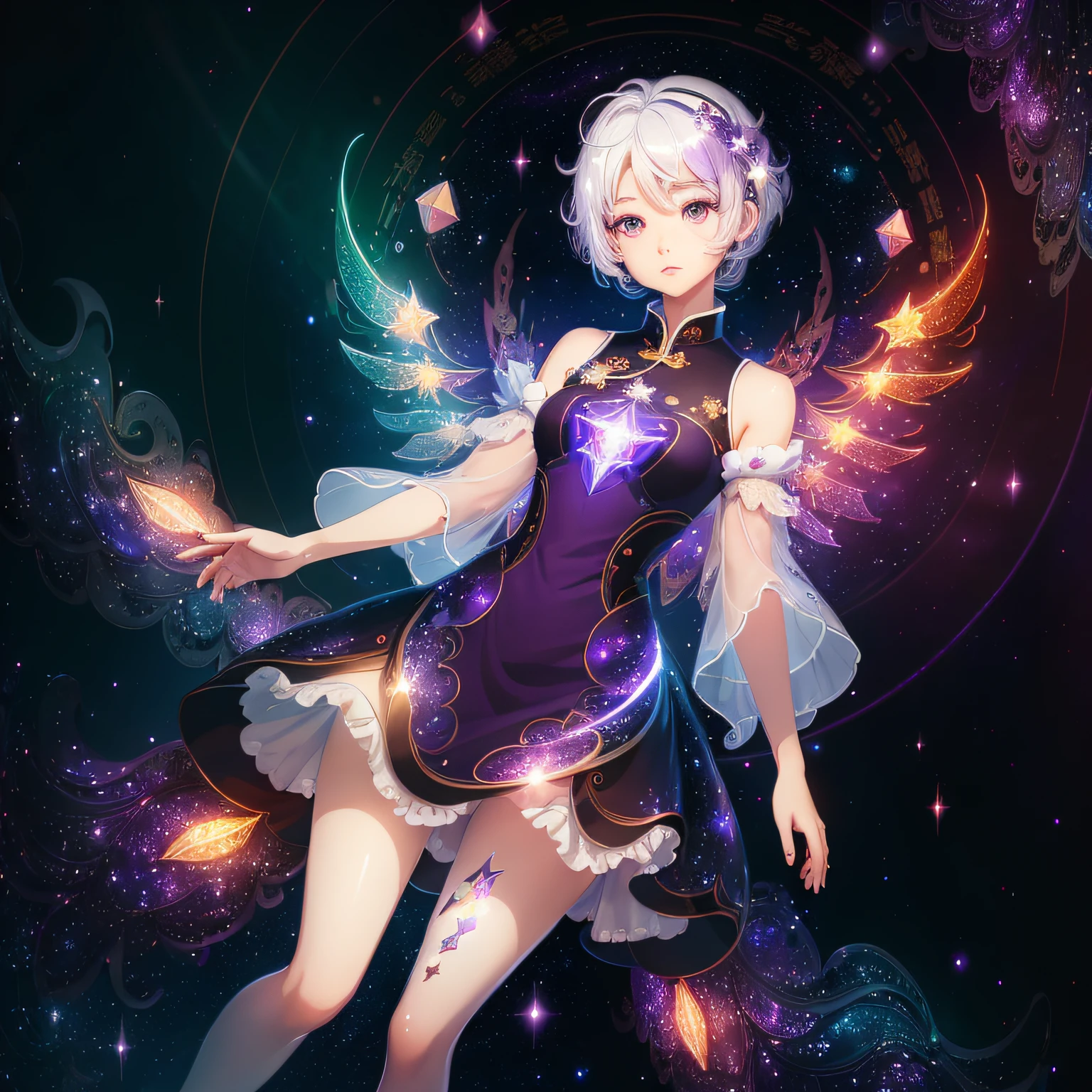The perfect masterpiece,Highest quality,Perfect artwork,8K, fullbody,Magical transparent eyes,Star Eyes,white hair,Holographic Phantom Background, Digital Art,plane illustrations,colorful illustration,minimalist style,chinesa,short hair,Chinese dress, pantyless,epic pose, red and purple hair,floating --auto