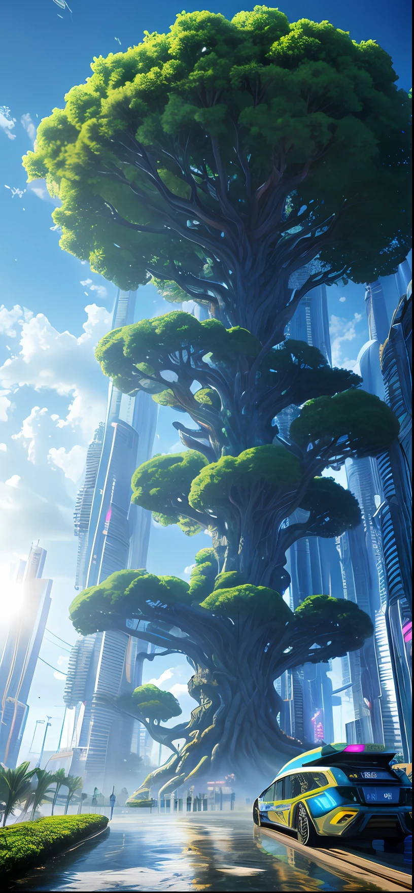 masterpiece, best quality, high quality, extremely detailed CG unity 8k wallpaper, a hyperrealistic colossal cyan raintree, in a futuristic cyberpunk village, splashing water, sandy debris, lens flares, sunshaft, fluffy clouds, Hyperdetailed, HDR, bloom, Photorealistic, hyperdetailed