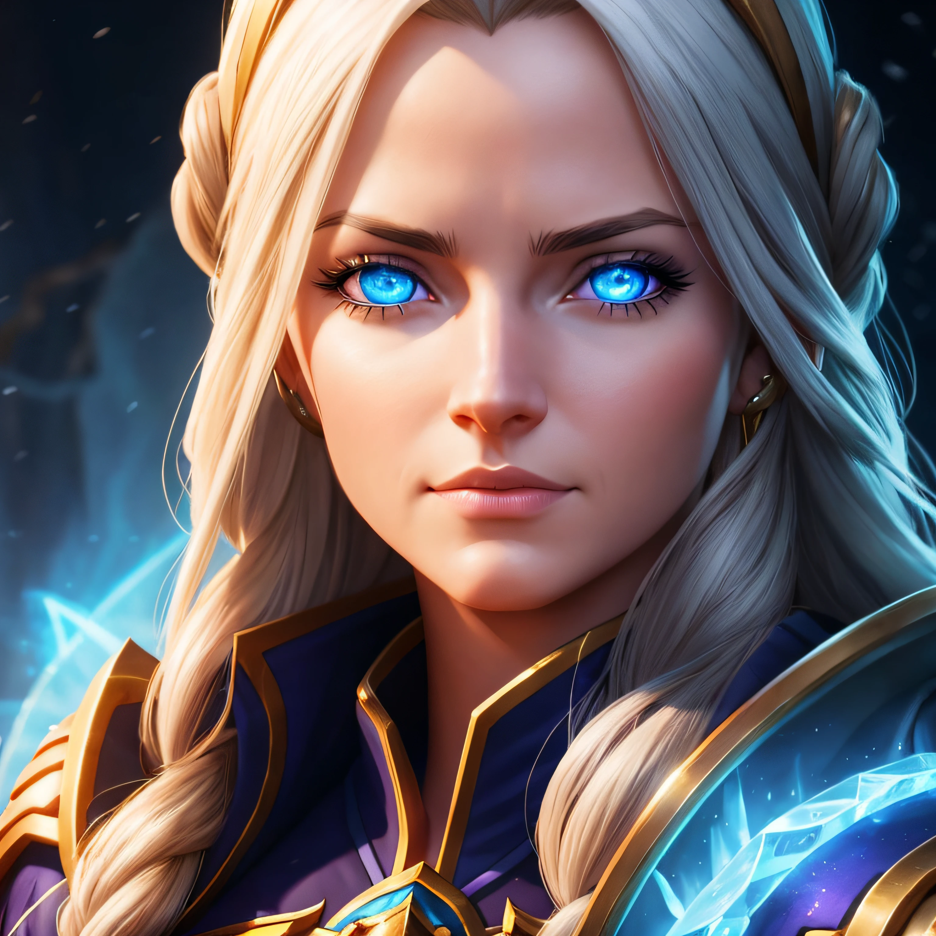 portrait, 3d female, jaina proudmoore, warcraft world, eyes glowing, ice air moving around her, best quality, masterpiece, realistic --auto