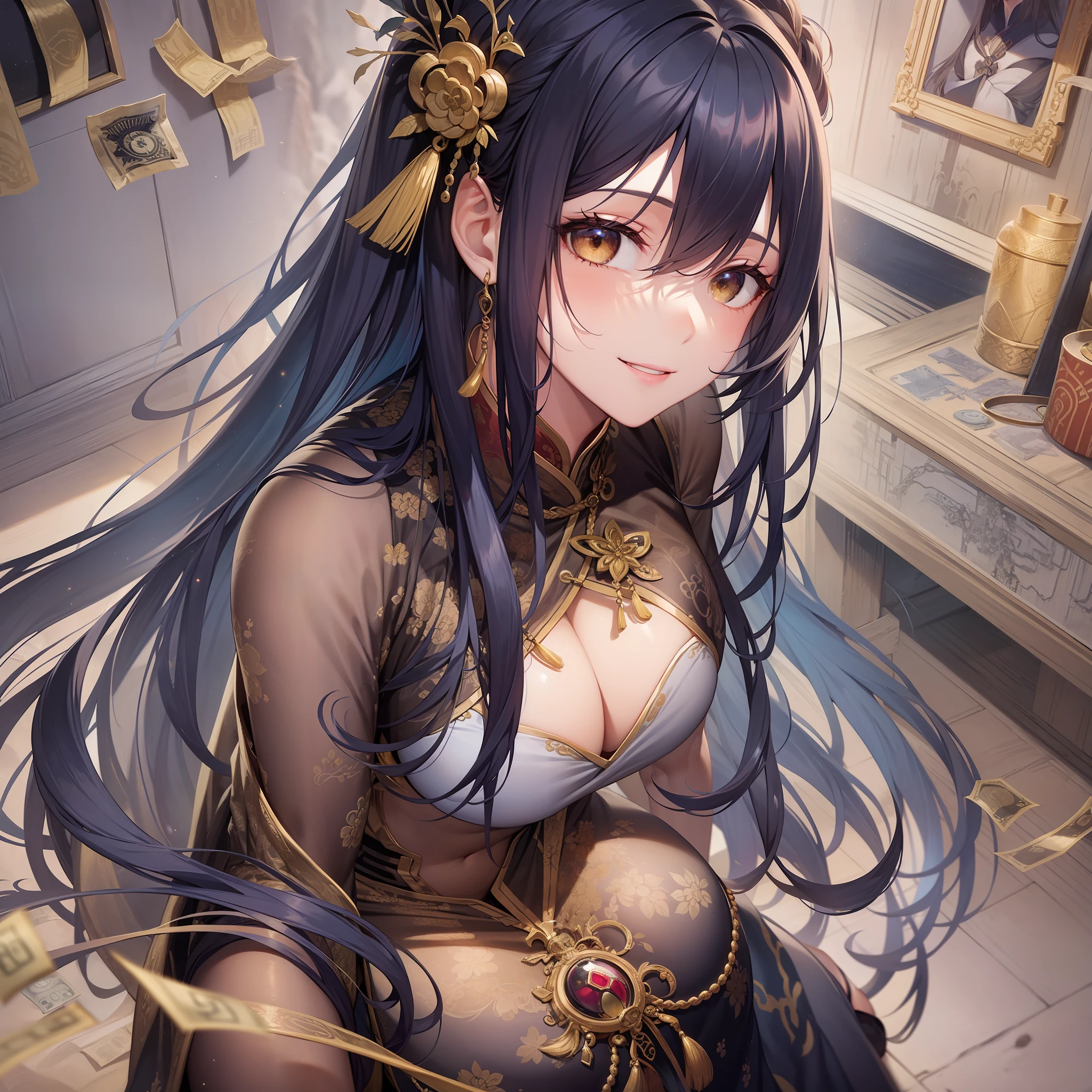 Adult woman, navy blue hair, The ends of gray hair, hairlong, beautiful hairstyle, hair ornament, white eyes, Chinese Clothing, Ornaments, Rings, Heels, Ancient Chinese themes, looking a viewer, Happy smile, overhead view, Lies on the money, gold coins, A mountain of money, Fantasy art, Beautiful painting of characters, Works of art in the style of Guvaika, epic exquisite character art, stunning character art, Beautiful Killer Woman, perspective, overhead view(reference sheet:1.5)