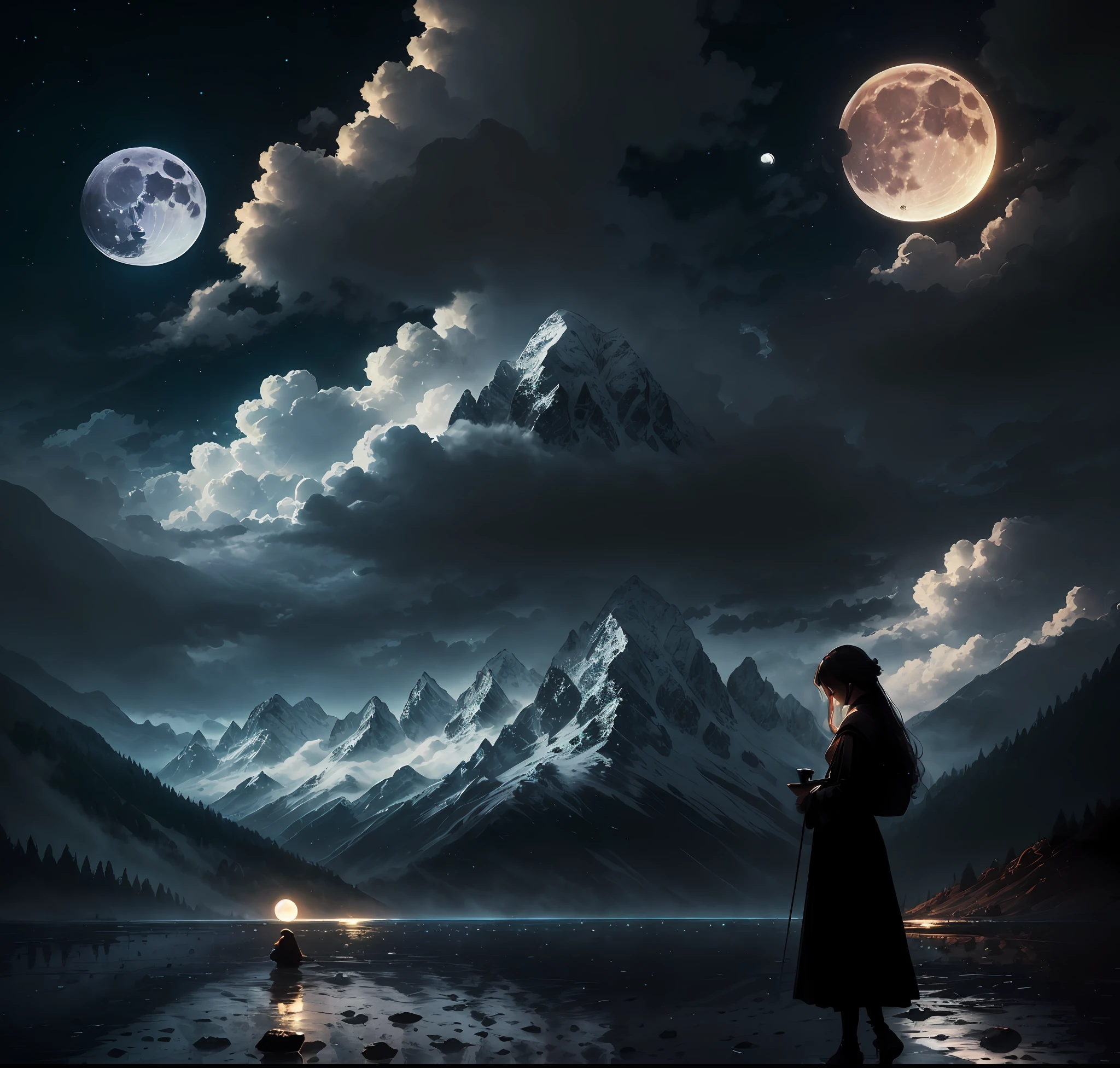tmasterpiece，best qualityer，classicism，the night，moutains，Clouds，very heavy rain，moon full，long whitr hair，Intellectual woman，siluette，glowworm。 --auto
