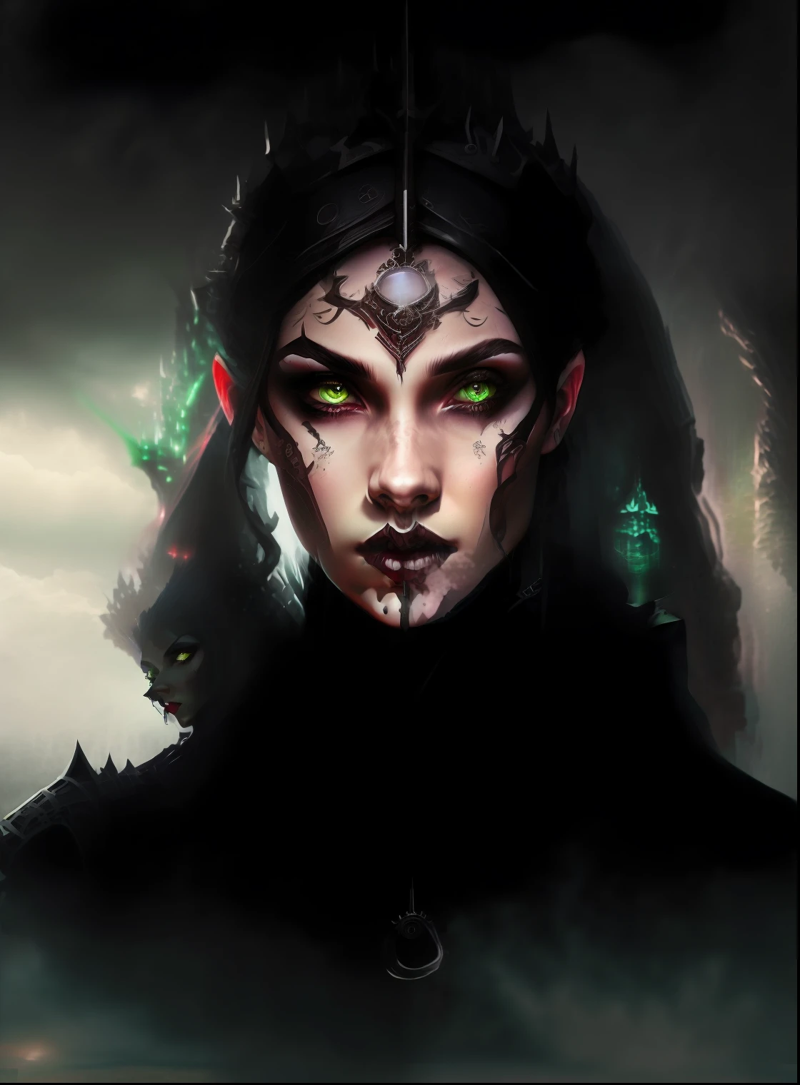 a woman with short black hair and a dark outfit is staring at the camera, mage, pale white skin, drow, the fantasy medieval rouge girl portrait, fantasy portrait, beautiful girl face, seductive fantasy dark fantasy, fantasy assassin, fantasy themed art, deep shading, fantasy femme fatale, female assassin, toxic green eyes, green eyes, green pupils