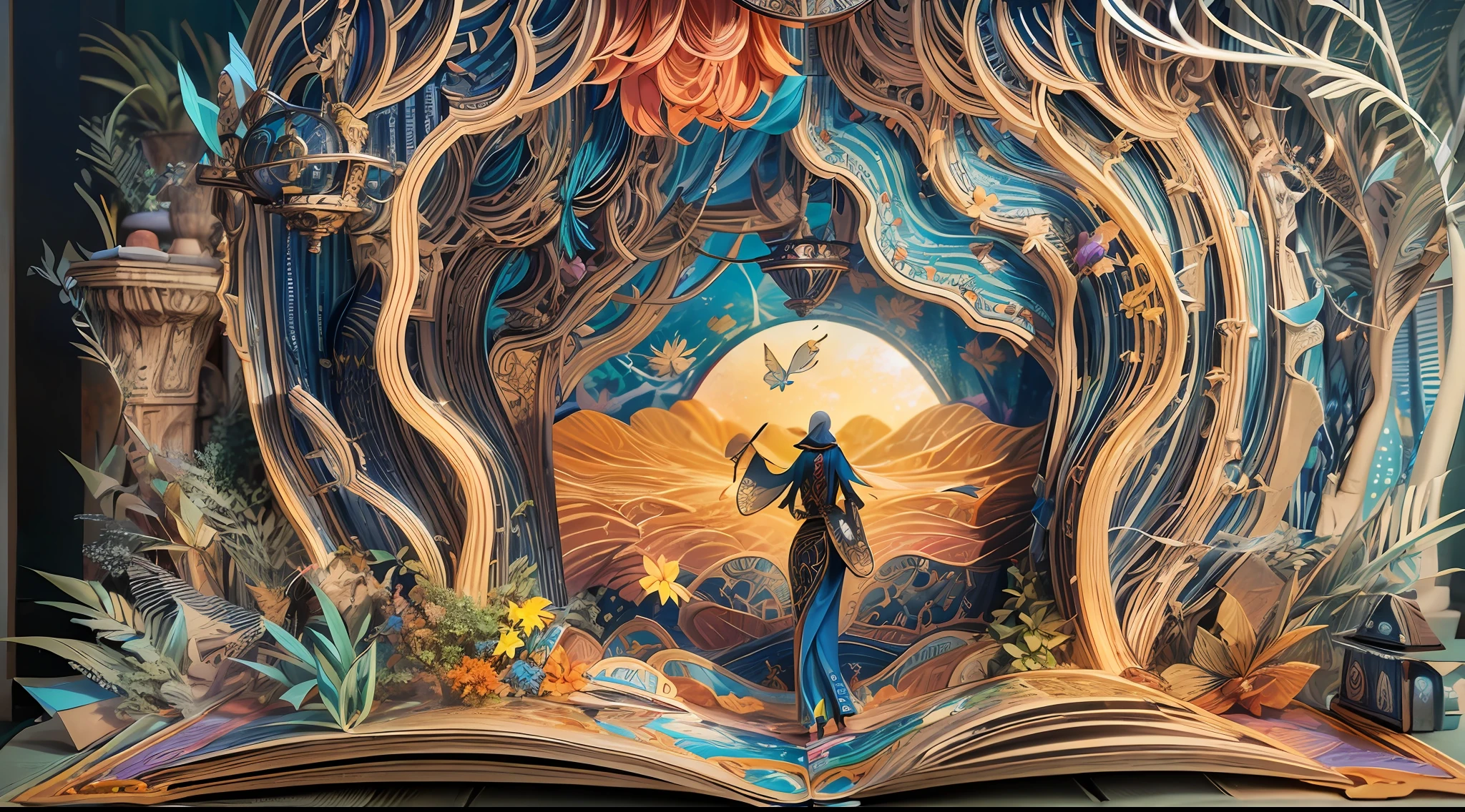 (popup book:1.5)，(A woman traveling in nature)，(3d, extremely colorful, Best quality, Detailed details, Masterpiece, offcial art, movie light effect, 4K, Chiaroscuro)