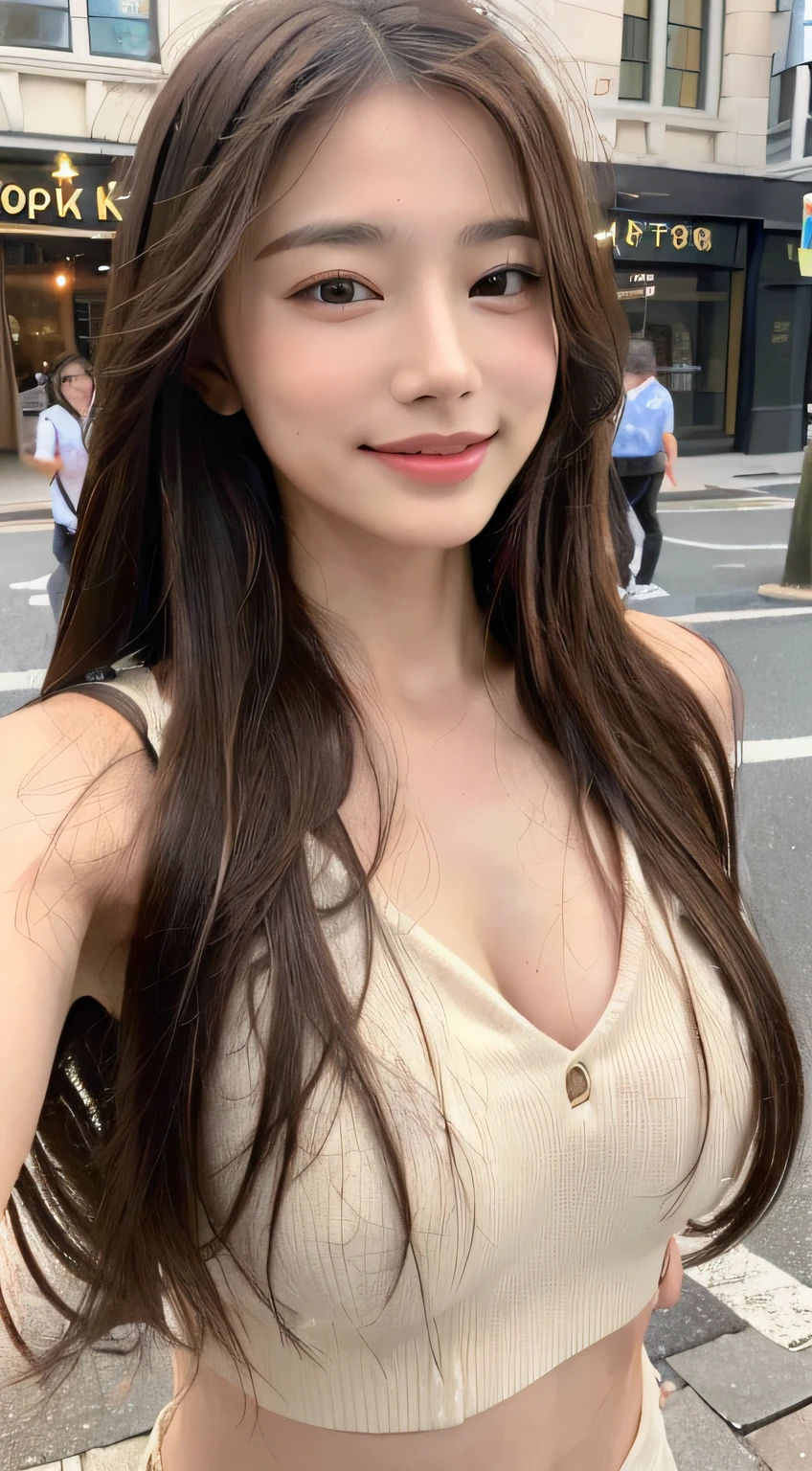 ((top-quality、8K、​masterpiece:1.3))、Beautiful woman with perfect body shape:1.4、(Brown Long Hair、small tits:1.3)、Casual wear、In the street、Highly detailed facial and skin texture、A detailed eye、二重まぶた、a smile:1.5、full body Esbian