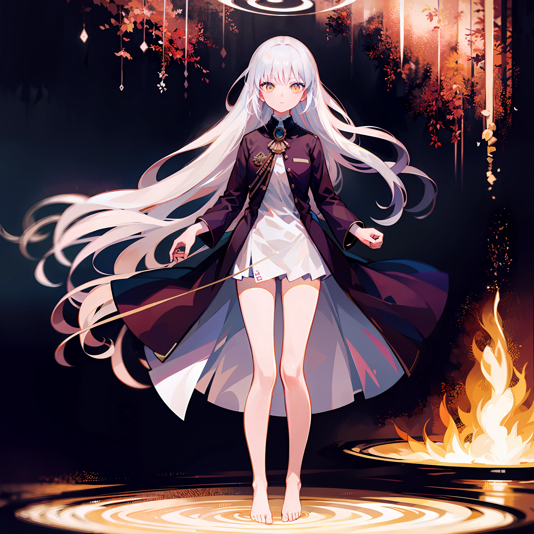 Anime girl standing in front of fire with long white hair, white-haired god, ufotable art style, Perfect white haired girl, zerochan art, anime style like fate/stay night, Girl with white hair, white haired Cangcang, Anime art wallpaper 8 K, style of anime4 K, Anime girl with long hair, Anime art wallpaper 4k