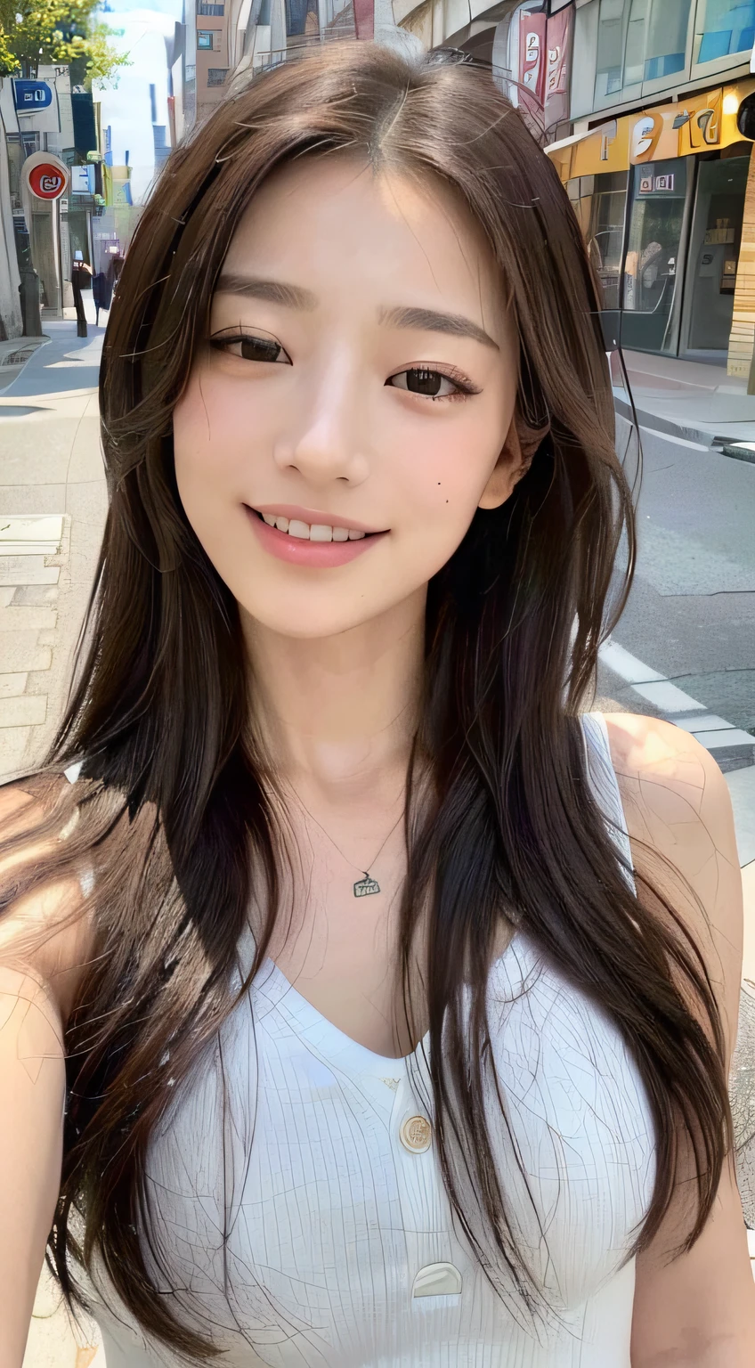 ((top-quality、8K、​masterpiece:1.3))、Beautiful woman with perfect body shape:1.4、(Brown Long Hair、small tits:1.3)、Casual wear、In the street、Highly detailed facial and skin texture、A detailed eye、二重まぶた、a smile:1.5、full body Esbian