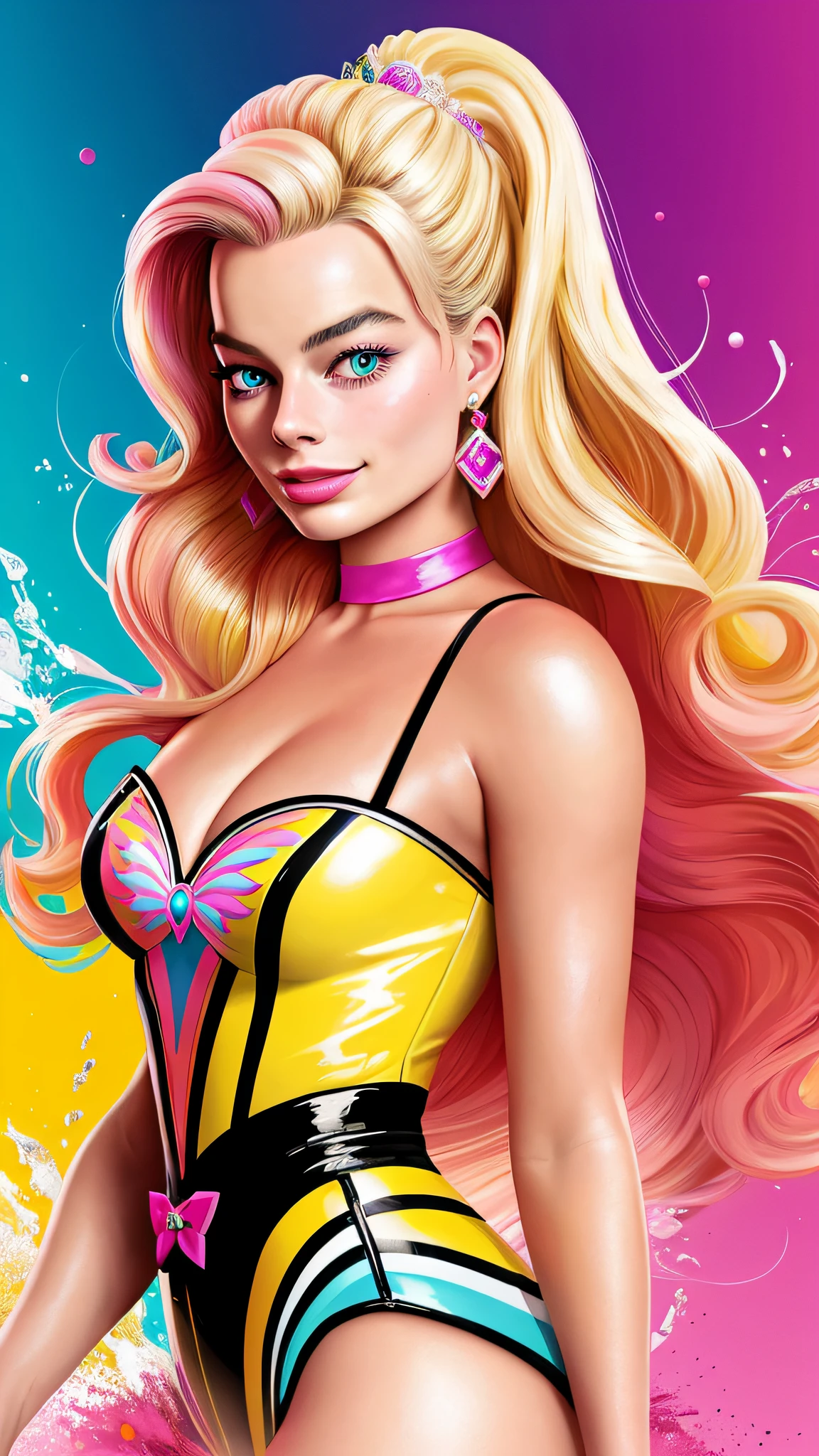Beautiful Graphic illustration of happy (Margot Robbie as Barbie) splash colors, graphic design. digital art