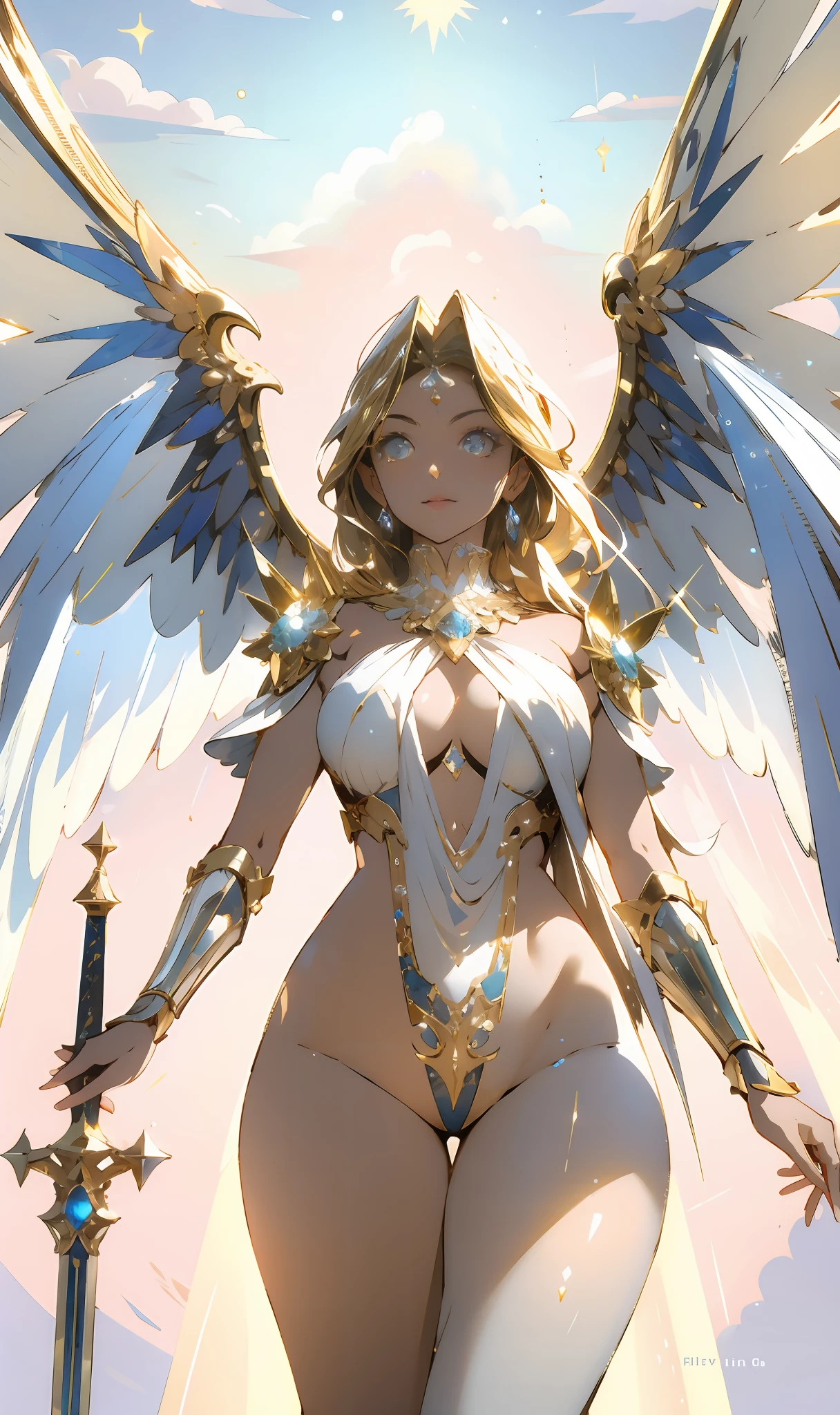 A radiant angelic guardian, her skin glowing like dawn's first light, wings outstretched in a beacon of hope amidst a divine battlefield, 8k, high resolution. Her sapphire eyes mirror the heavens, her long, golden hair bathed in holy radiance. She dons a heavenly armor of gold and diamond, her luminous sword held high against the encroaching darkness.