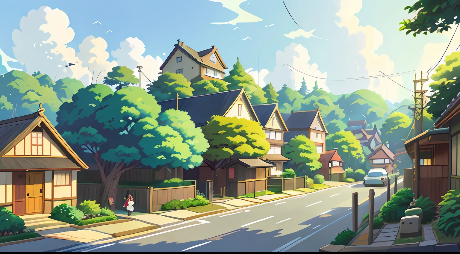 The best quality，illustration like anime background, cartoon scene，Illustration style，cartoonish style，a line drawing，the sideview，residential area, Japan people's quarter, Japan street, house and road, sloping street, High detail street，High detail house，single street, Japan town, modern neighborhood, Anime background art，High detail street，in style of hayao miyazaki，Estilo de Makoto Shinkai，Studio Ghibli Sunshine，beautiful anime scenes，beautiful anime scenery，Detailed landscapes，Concept anime scene