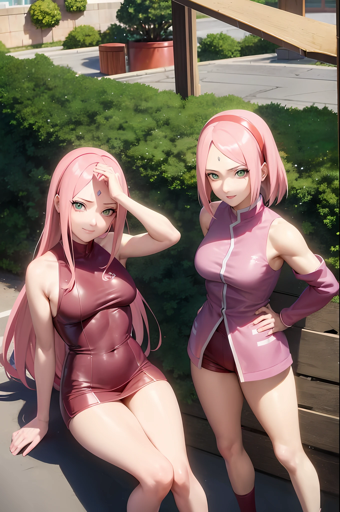 Sakura Haruno, naruto \(series\),( the feet,Bare legged,thighs thighs thighs thighs:1.2), 1girl, Blue headband, cherry trees, verd s eyes, a smile, Hair intake, Katyusha, jaket, Look at the viewer, A pink-haired、a red jacket、Sketched、sleeveless、Sleeveless jacket、small tits、a smile、独奏、portlate、((​masterpiece))、