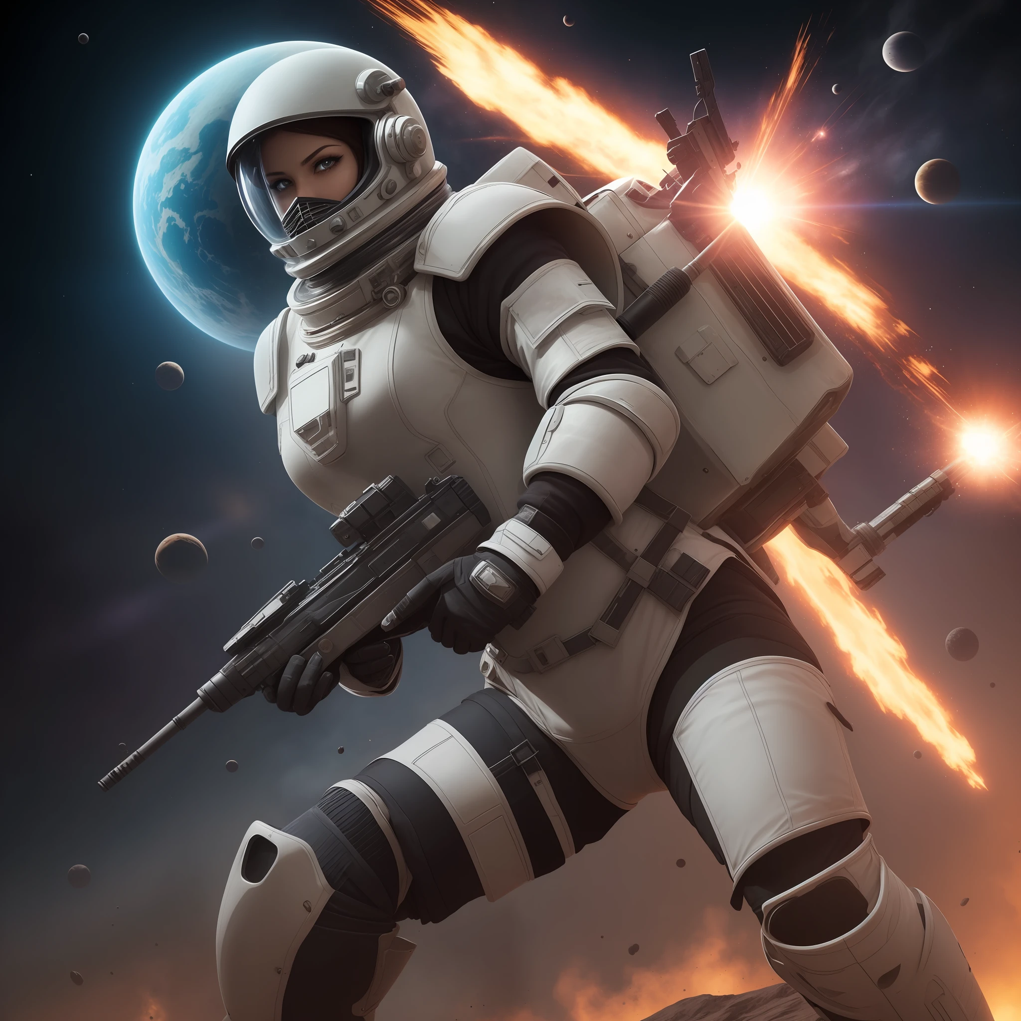 Woman in power armour, armoured white space suit, holding a rifle, action pose, alien planet background, explosions, lasers, epic