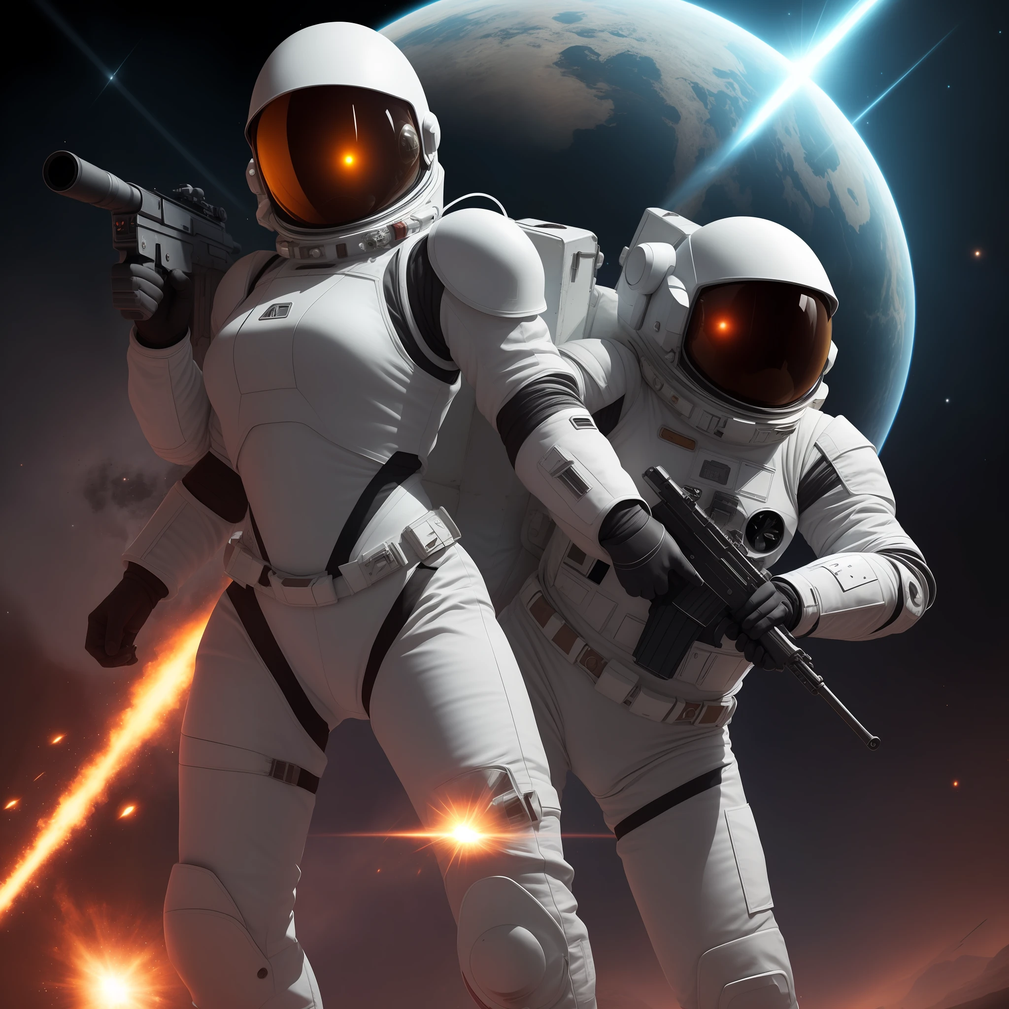 Woman in power armour, armoured white space suit, holding a rifle, action pose, alien planet background, explosions, lasers, epic