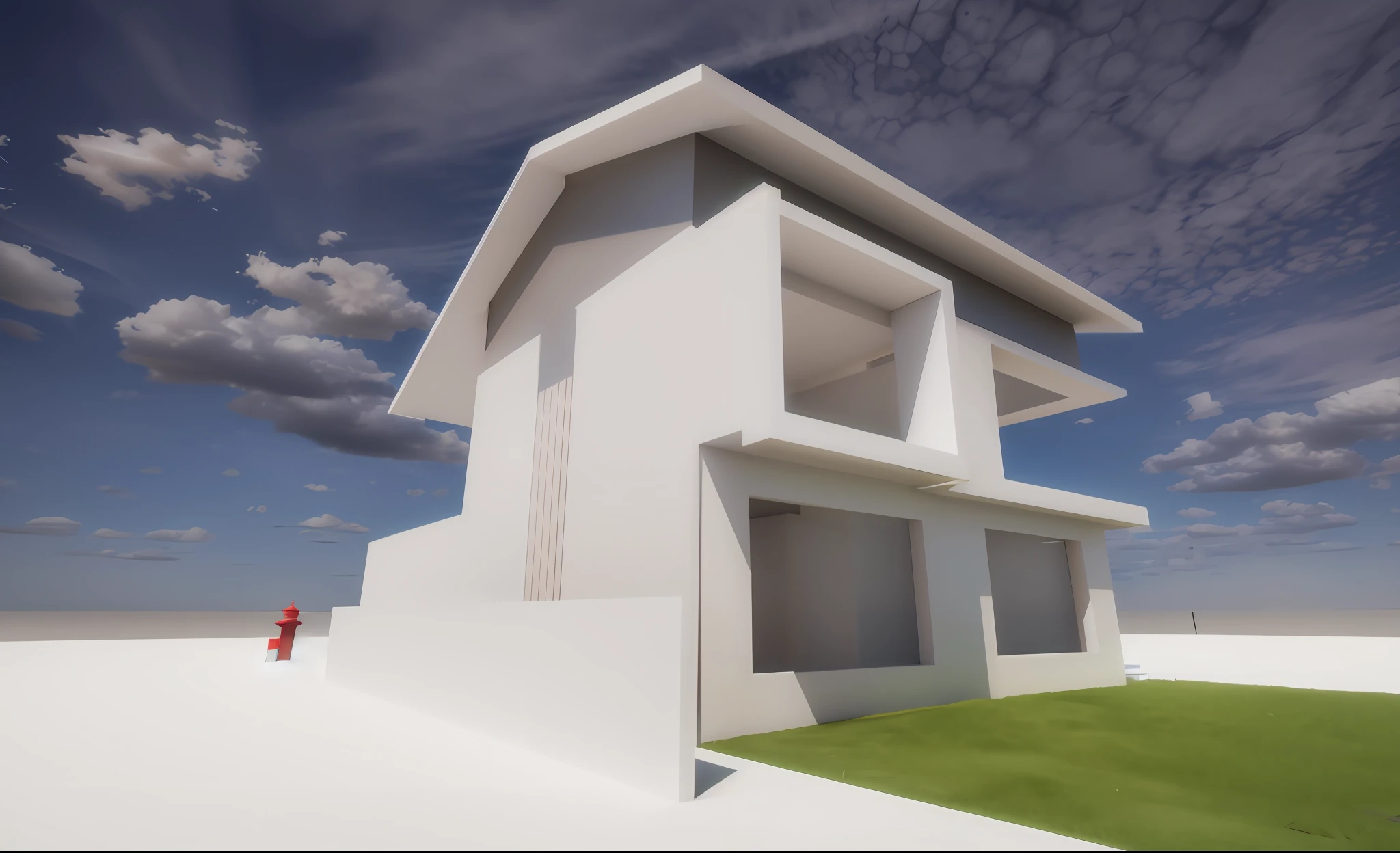 There is a white house in the yard,Inside there is a red fire hydrant, concept house, architectural render, architecture render, render 3 d, Perspective view, all white render, inter dimensional villa, low angle dimetric rendering, detailed render, side perspective, Front perspective, semi - realistic render, complex 3 d render, 3D rendering of, 3 d finalrender