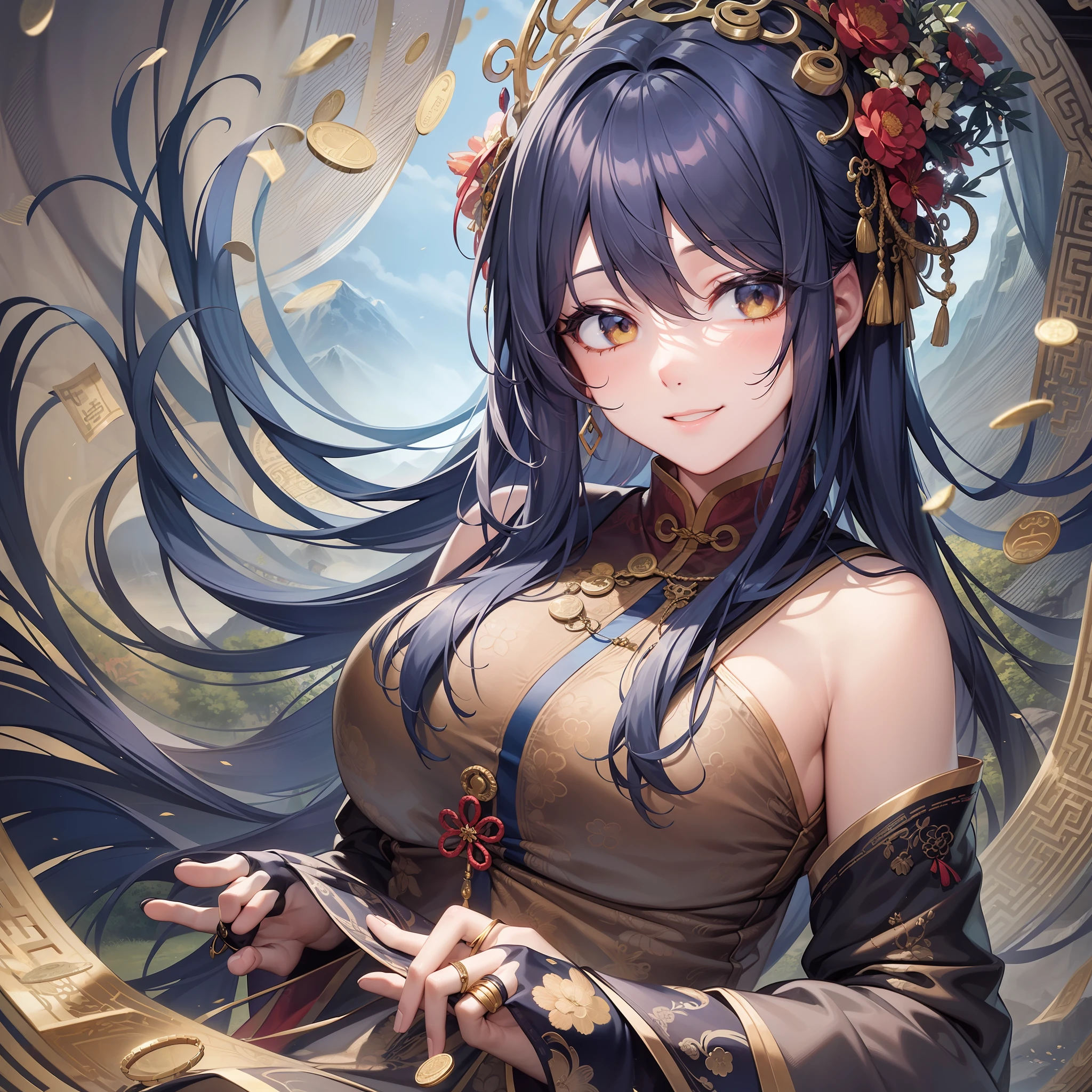 Adult woman, navy blue hair, The ends of gray hair, hairlong, beautiful hairstyle, hair ornament, white eyes, Chinese Clothing, Ornaments, Rings, Heels, Ancient Chinese themes, looking a viewer, Happy smile, overhead view, Lies on the money, gold coins, A mountain of money, Fantasy art, Beautiful painting of characters, Works of art in the style of Guvaika, epic exquisite character art, stunning character art, Beautiful Killer Woman, perspective, really happy, closed eye, overhead view(reference sheet:1.5)